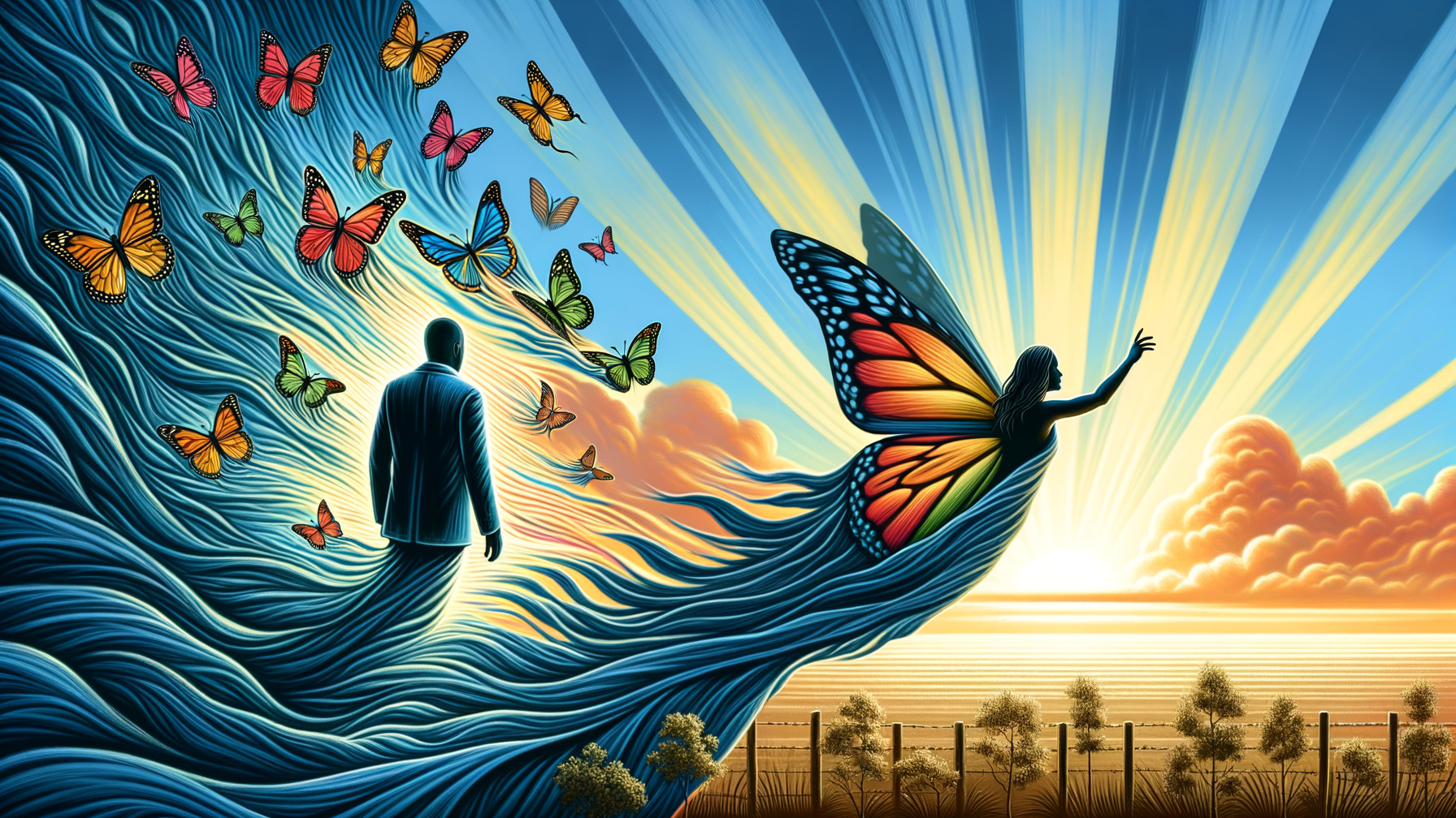Vibrant Landscape with Butterflies and a Fairy