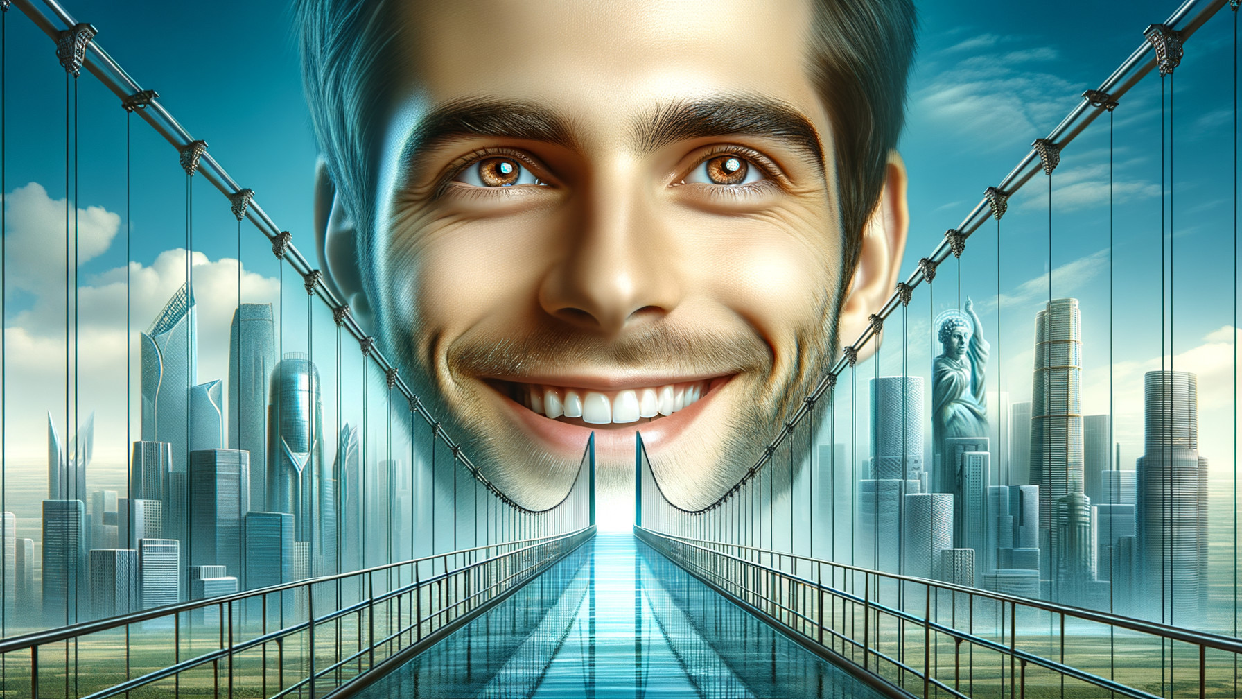 Futuristic Cityscape with Smiling Face and Bridge