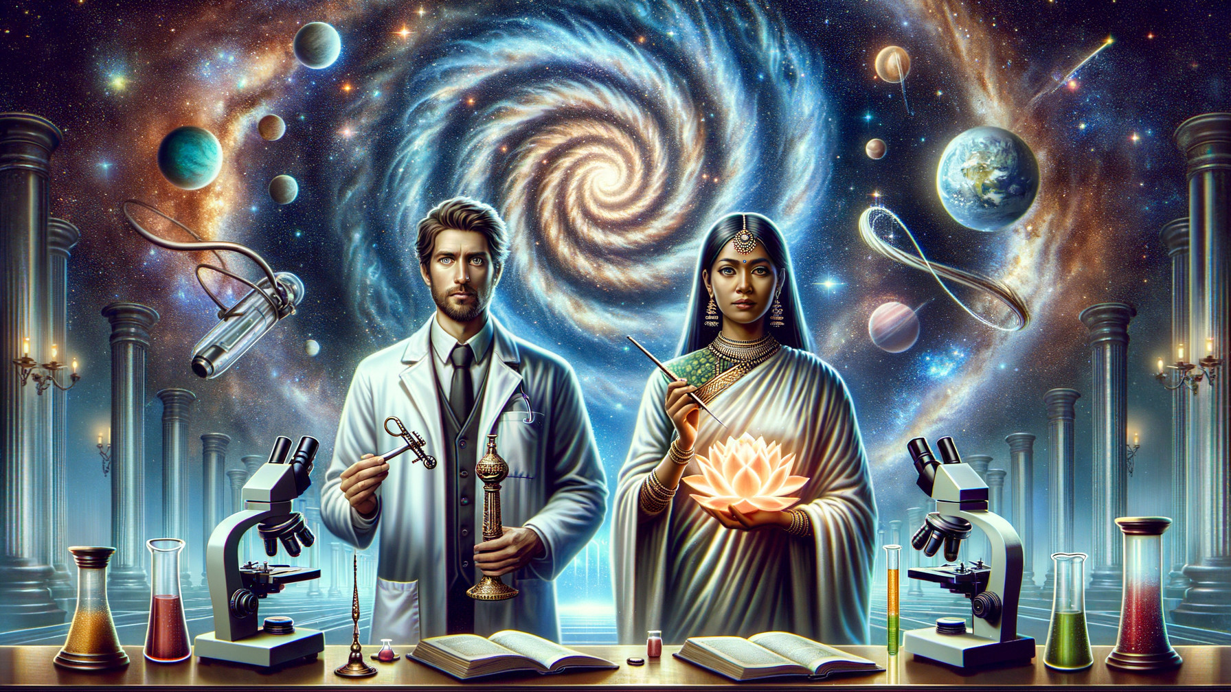 Scientist and Traditional Figure Against Cosmic Backdrop