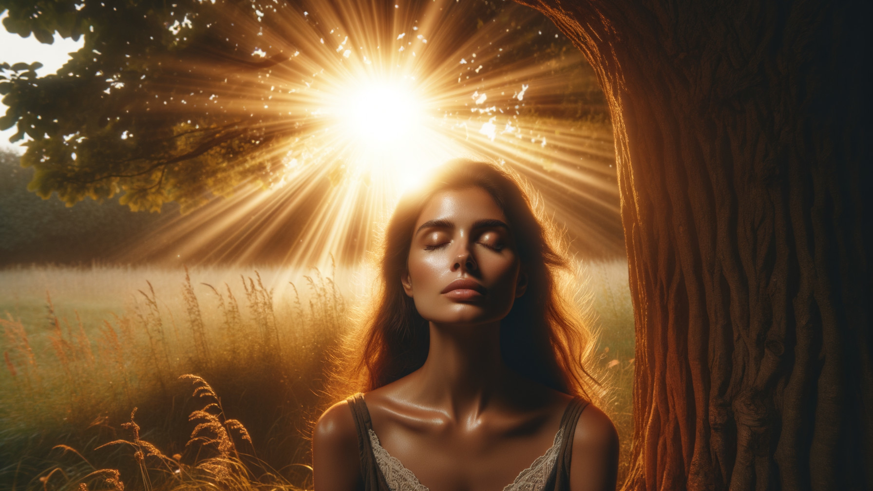Serene Woman in Sunlit Meadow with Halo Effect