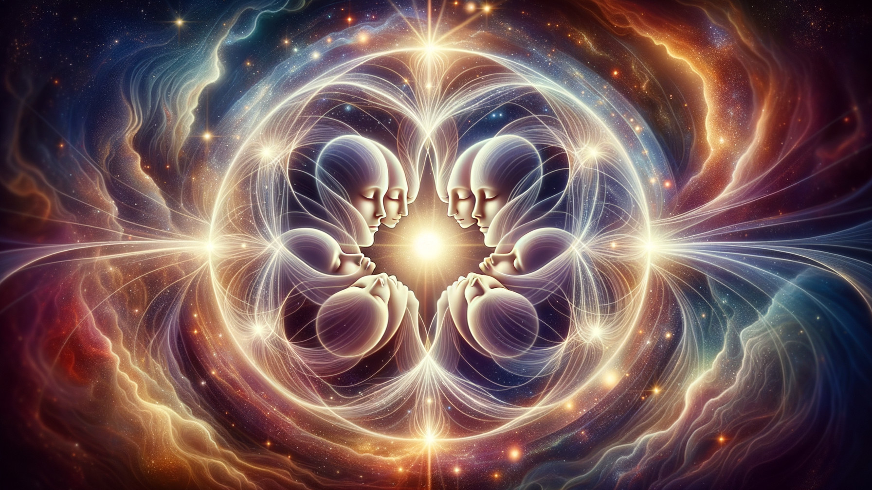 Ethereal Cosmic Scene with Intertwined Figures and Energy
