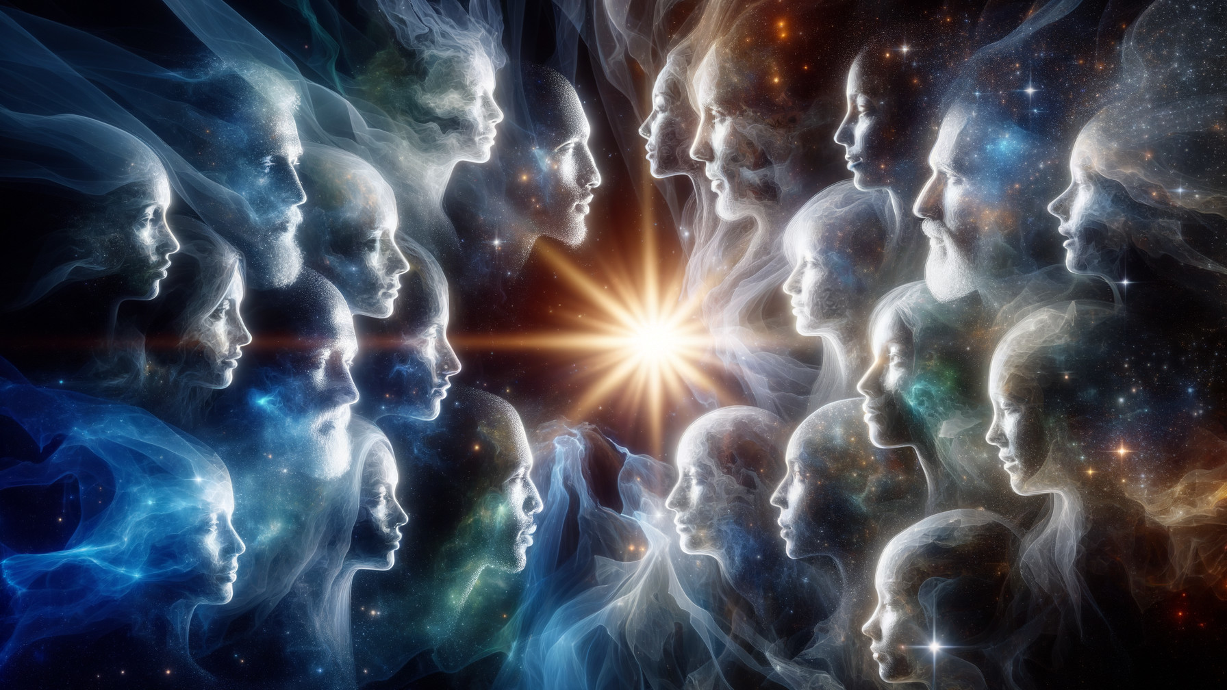 Cosmic Scene with Ethereal Faces and Stars