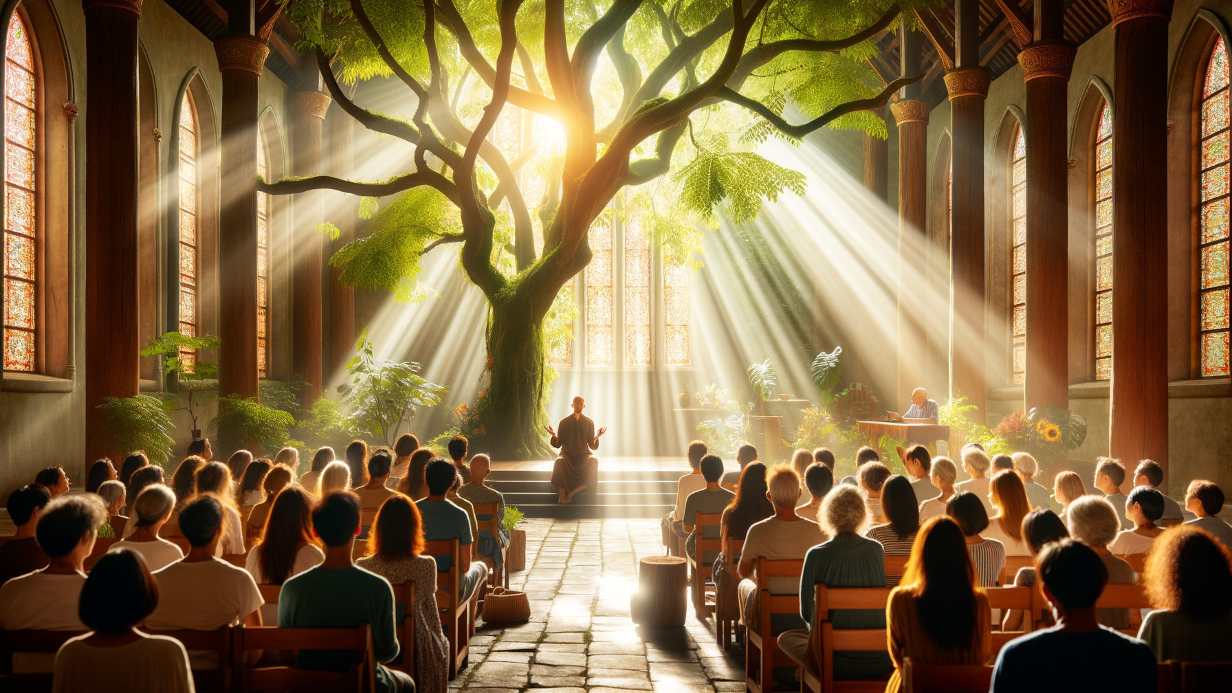 Ethereal Church Interior with Ancient Tree and Light