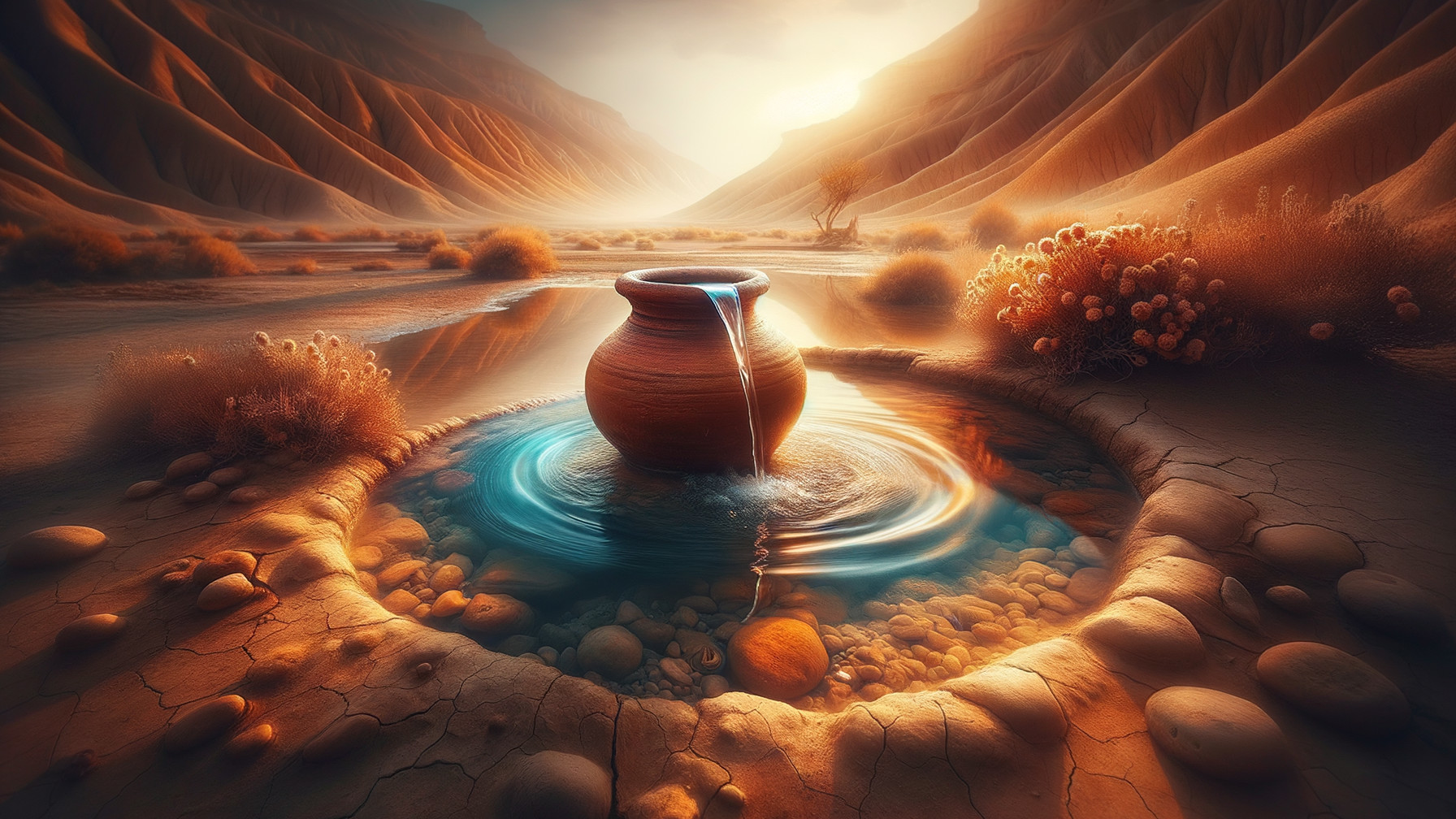 Clay Pot in Serene Desert Oasis with Water and Mountains