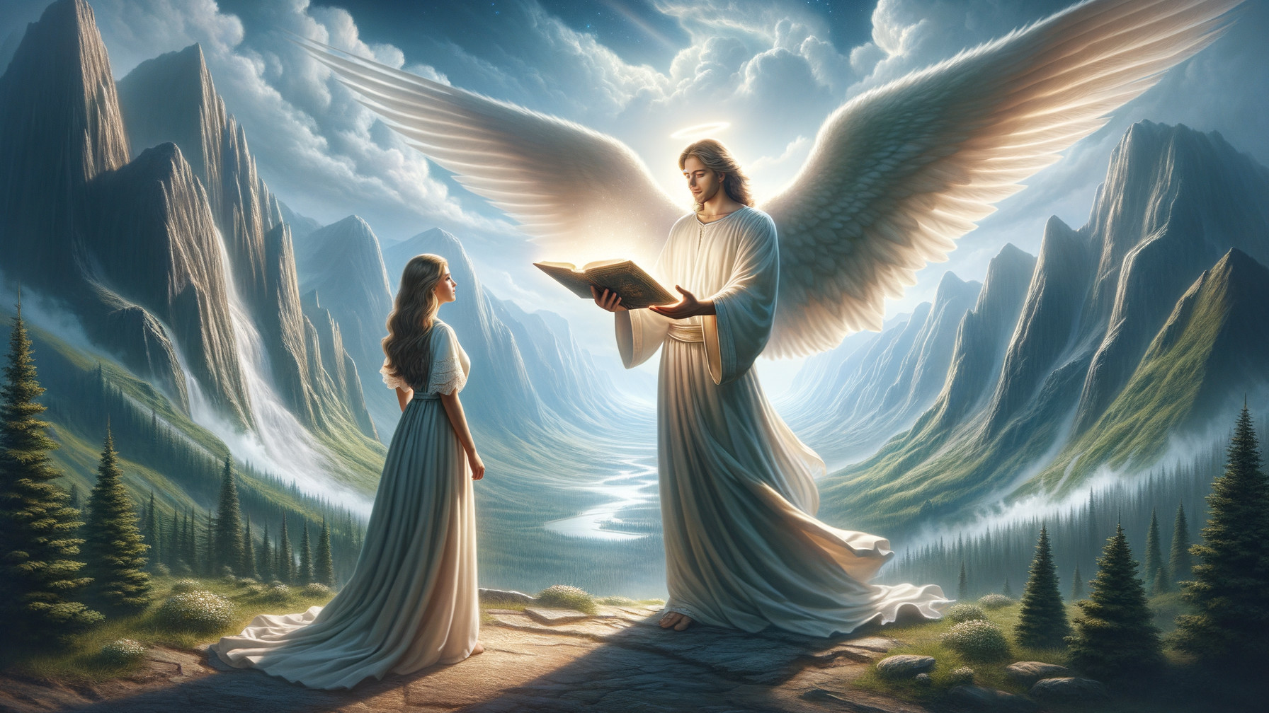 Angelic Figure and Woman in Serene Landscape