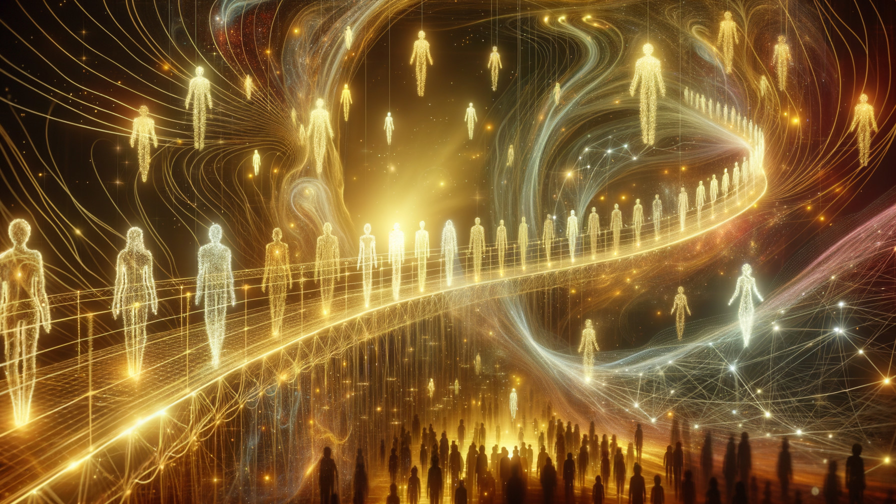 Translucent Figures Ascending in Cosmic Scene