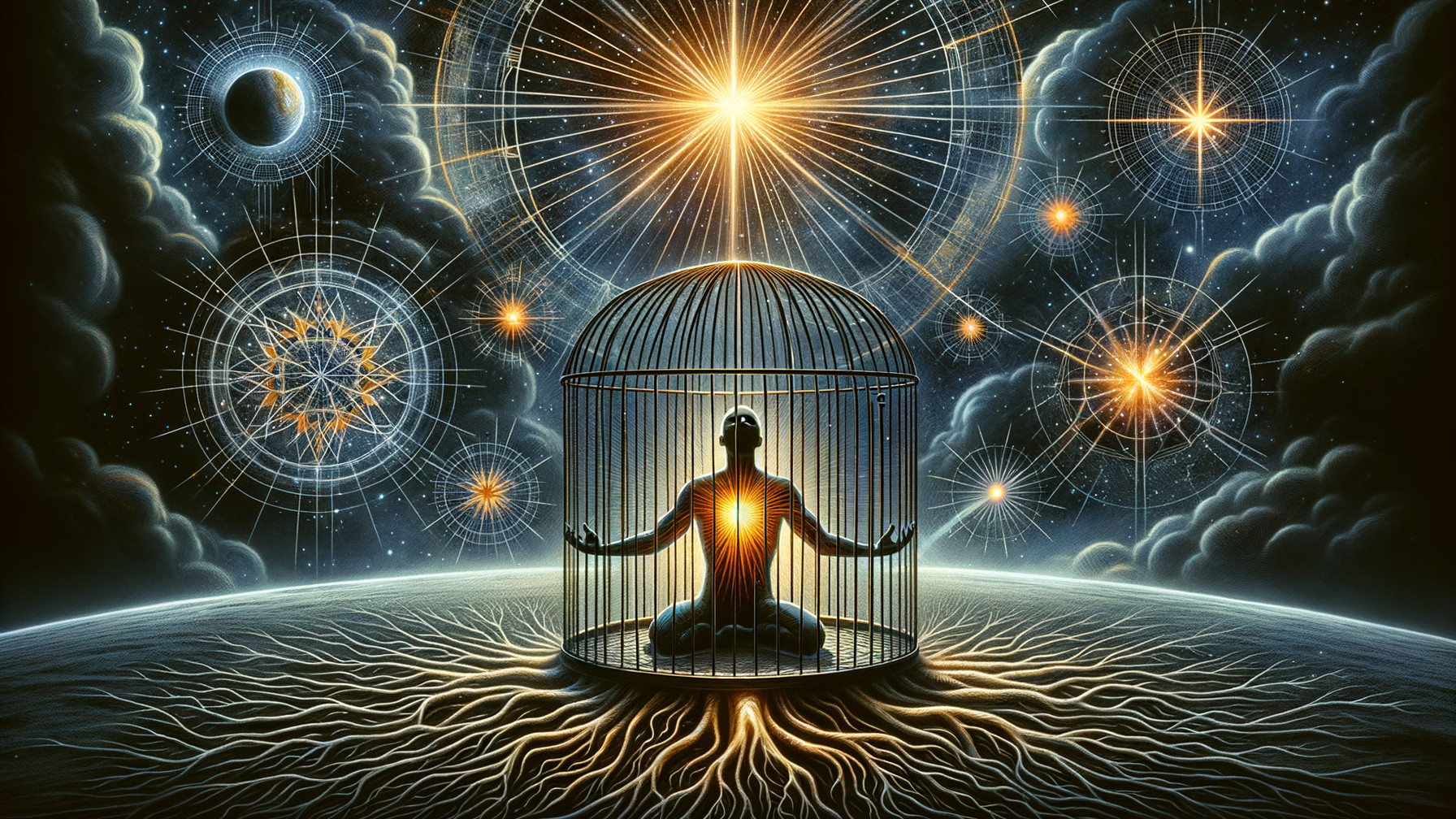 Meditative Figure in a Glowing Cosmic Cage