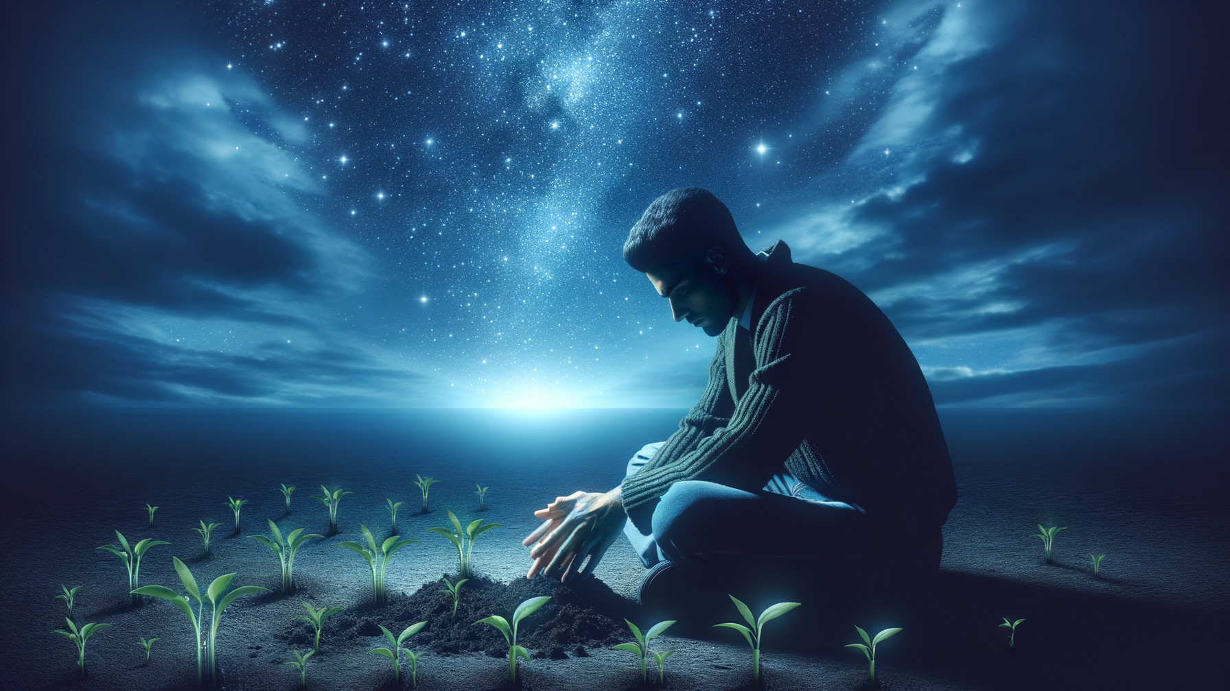 Contemplative Figure Planting Seeds in Starry Landscape
