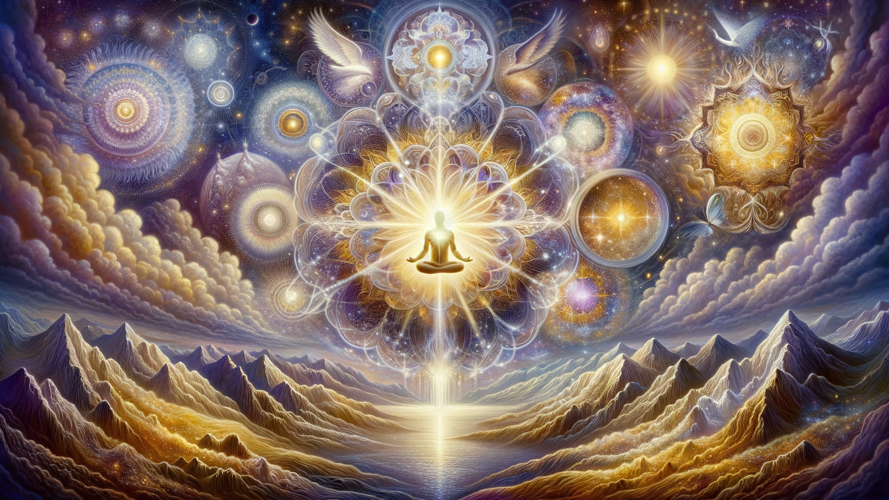 Meditative Figure Surrounded by Cosmic Energy Patterns