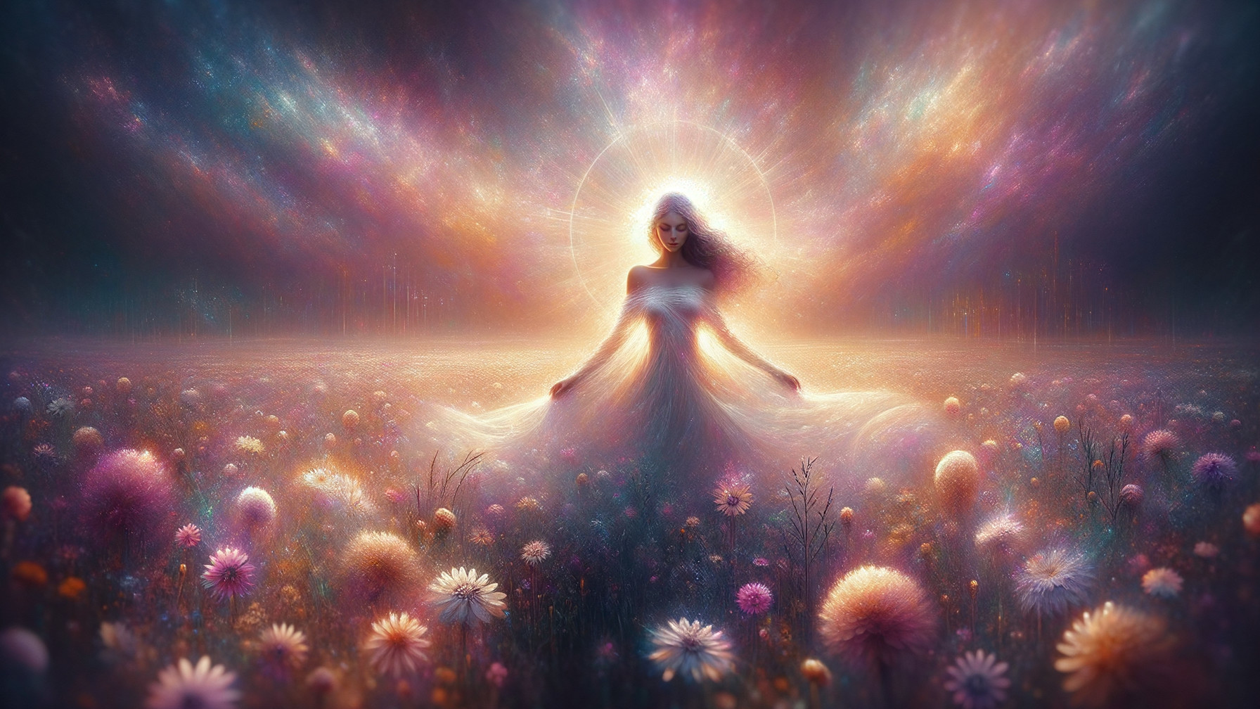 Luminous Figure in a Vibrant Flower Field