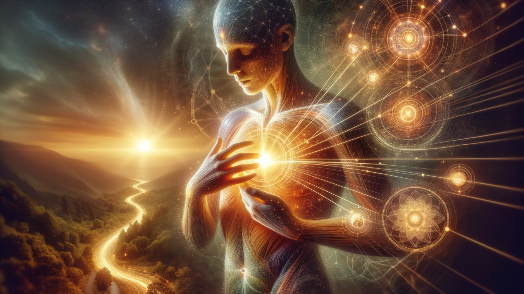 Surreal Figure in Cosmic Landscape with Geometric Patterns