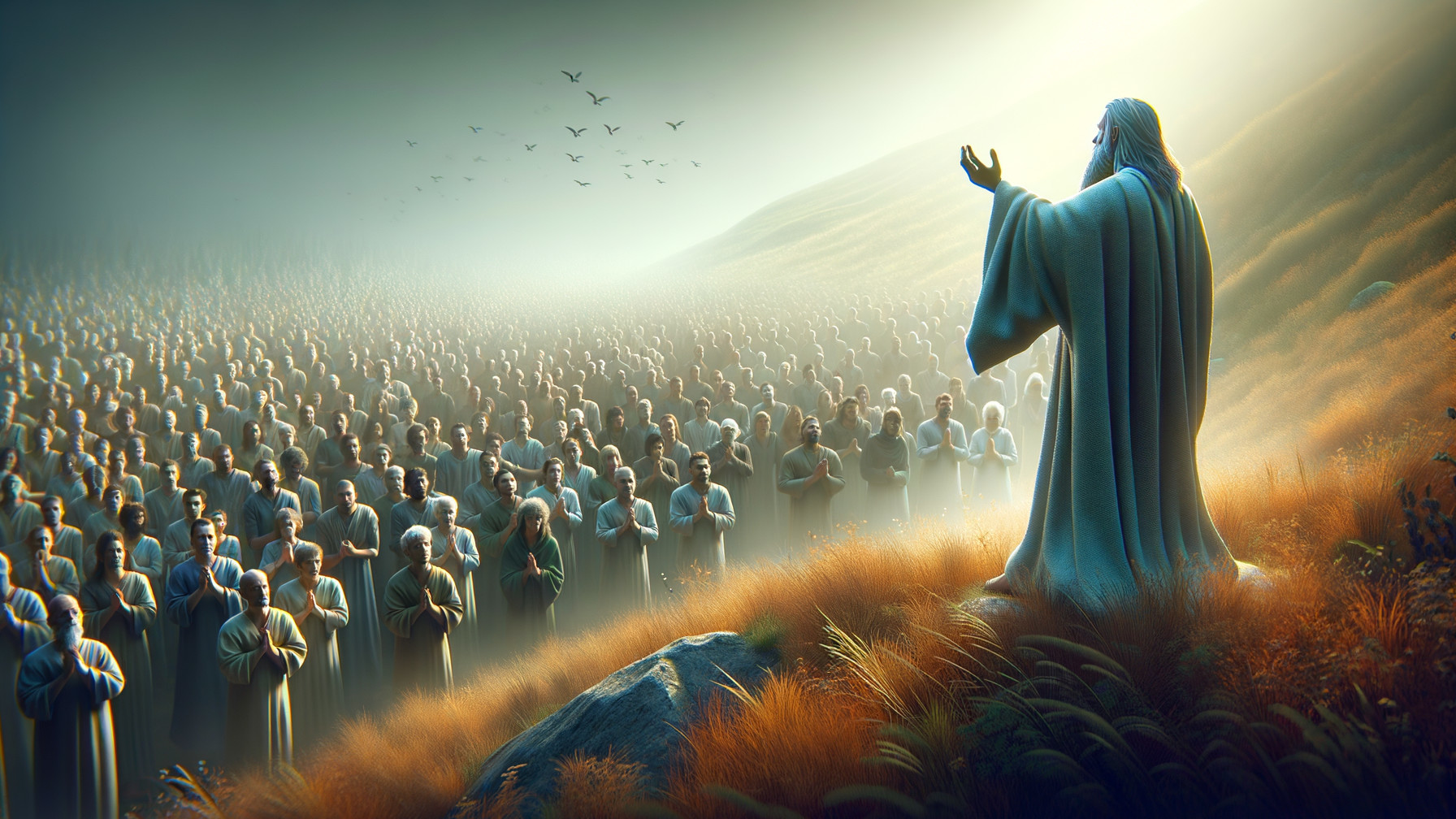 Crowd in Neutral Robes Praying on Hilltop Landscape