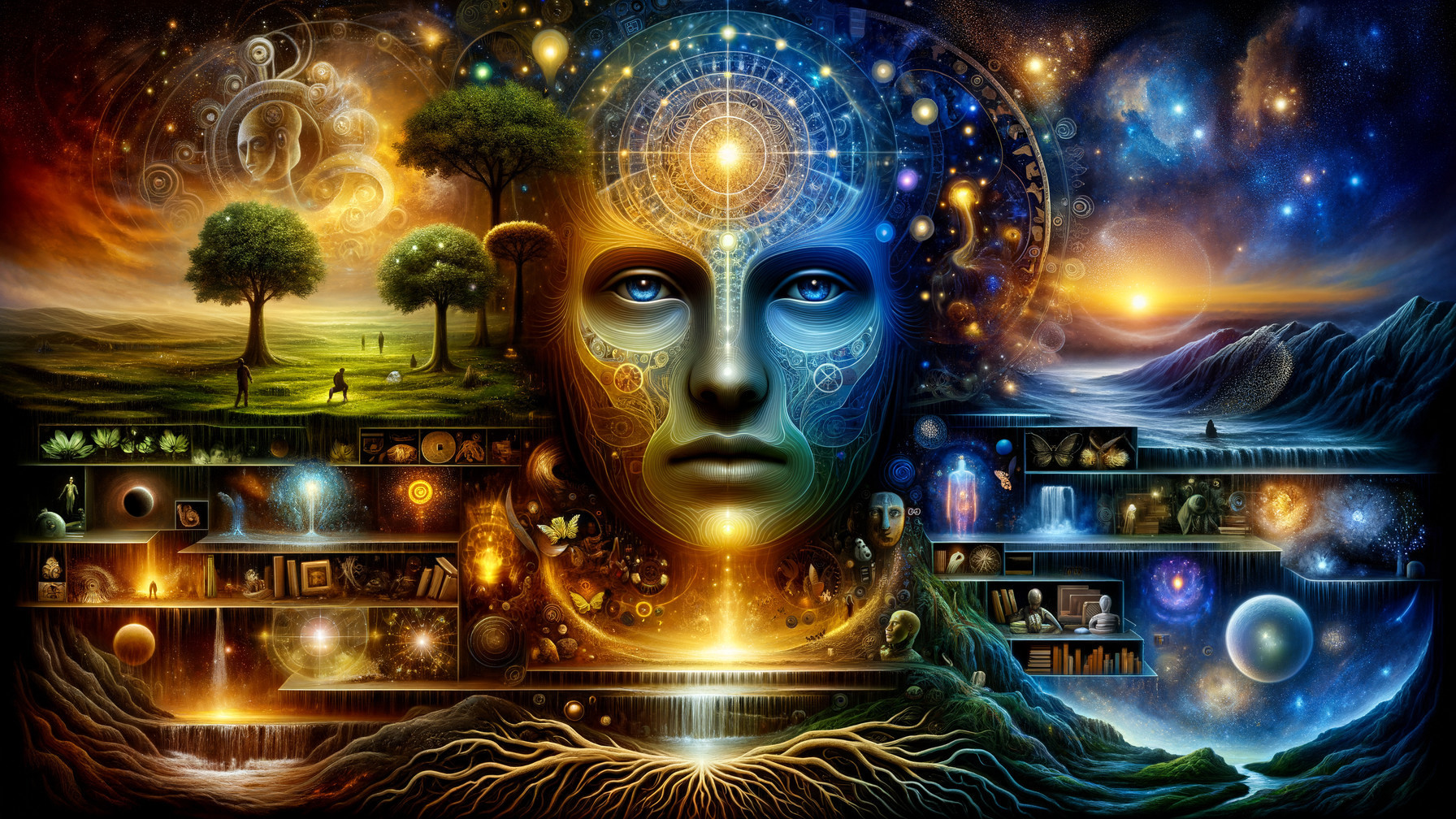 Surreal Landscape with Cosmic Elements and a Face