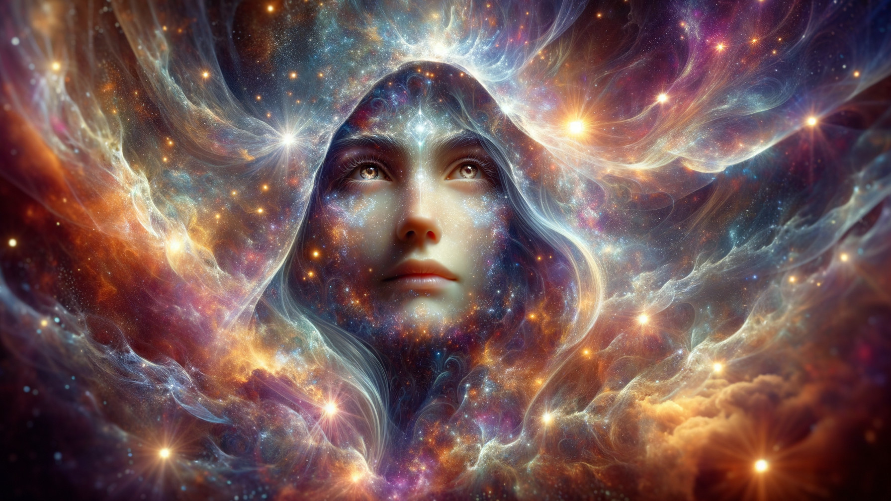Celestial Figure Surrounded by Cosmic Nebulae