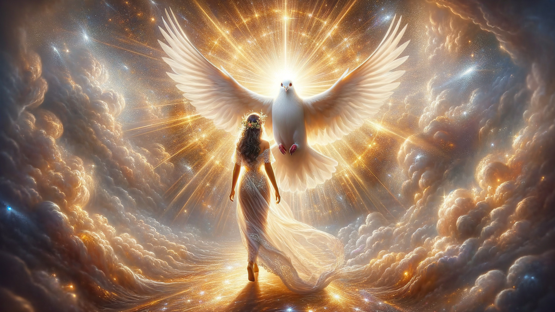 Luminous Woman and Dove in Celestial Atmosphere