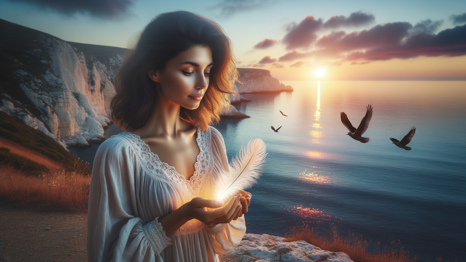 Young Woman on Cliff at Sunset with Glowing Feather