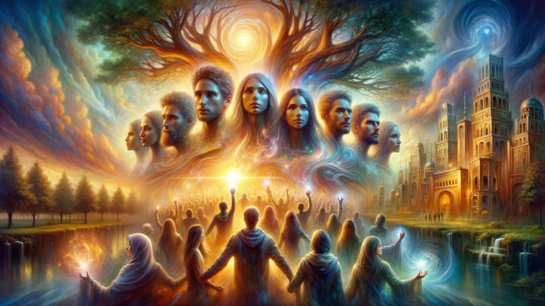 Mystical Gathering Under a Grand Tree in Radiant Light