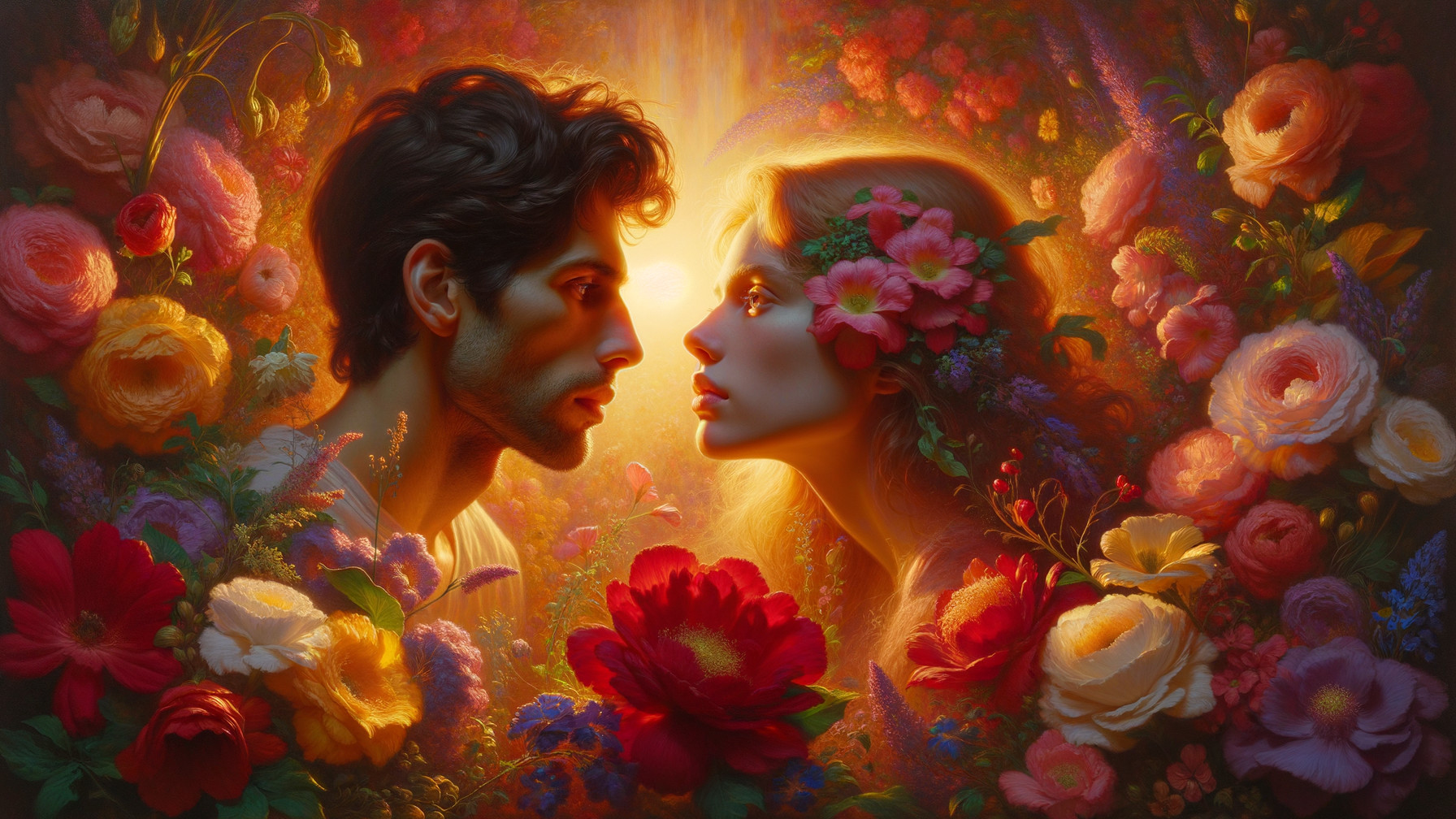 Romantic Scene with Young Couple in Floral Setting