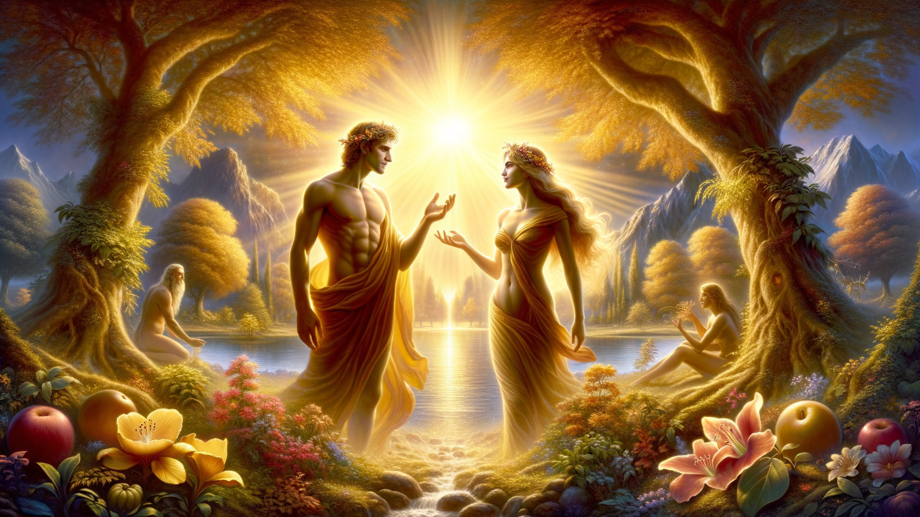 Ethereal Figures in a Mystical Sunlit Grove Scene