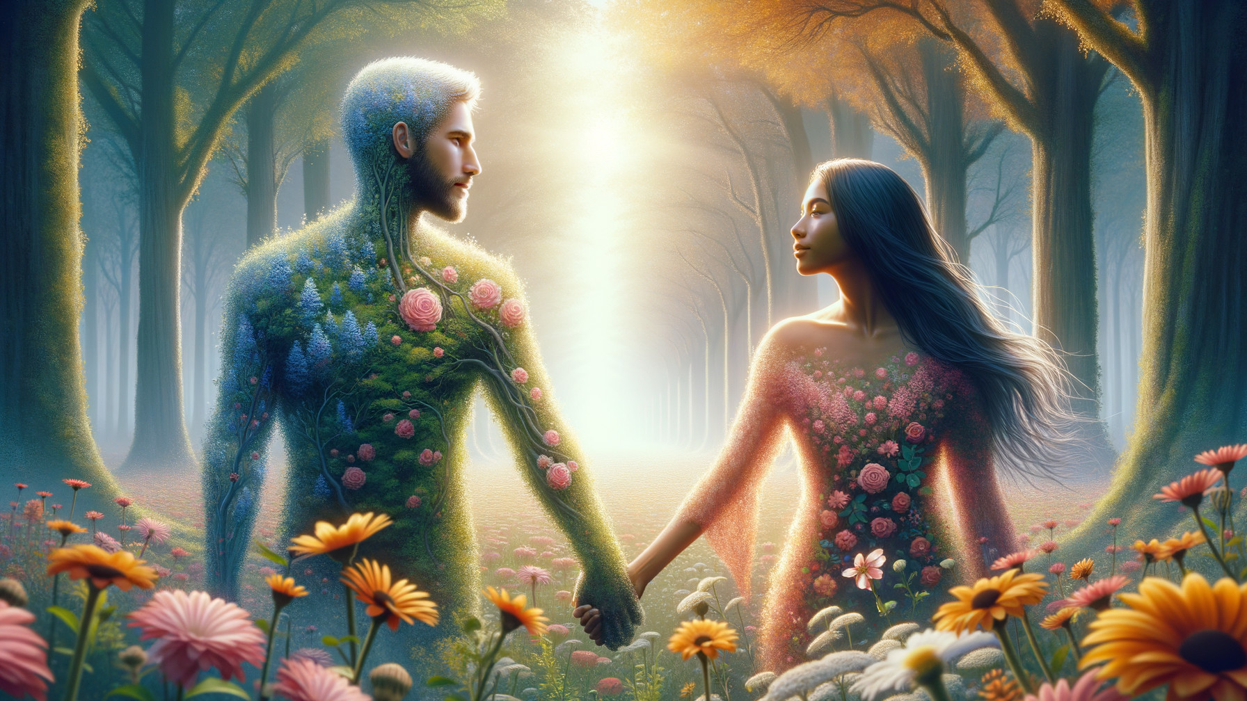 Ethereal Figures in a Vibrant Forest Setting