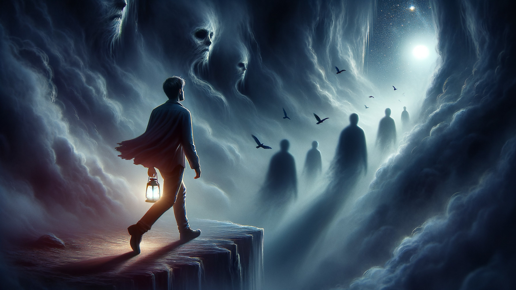 Solitary figure with lantern by misty chasm and shadows