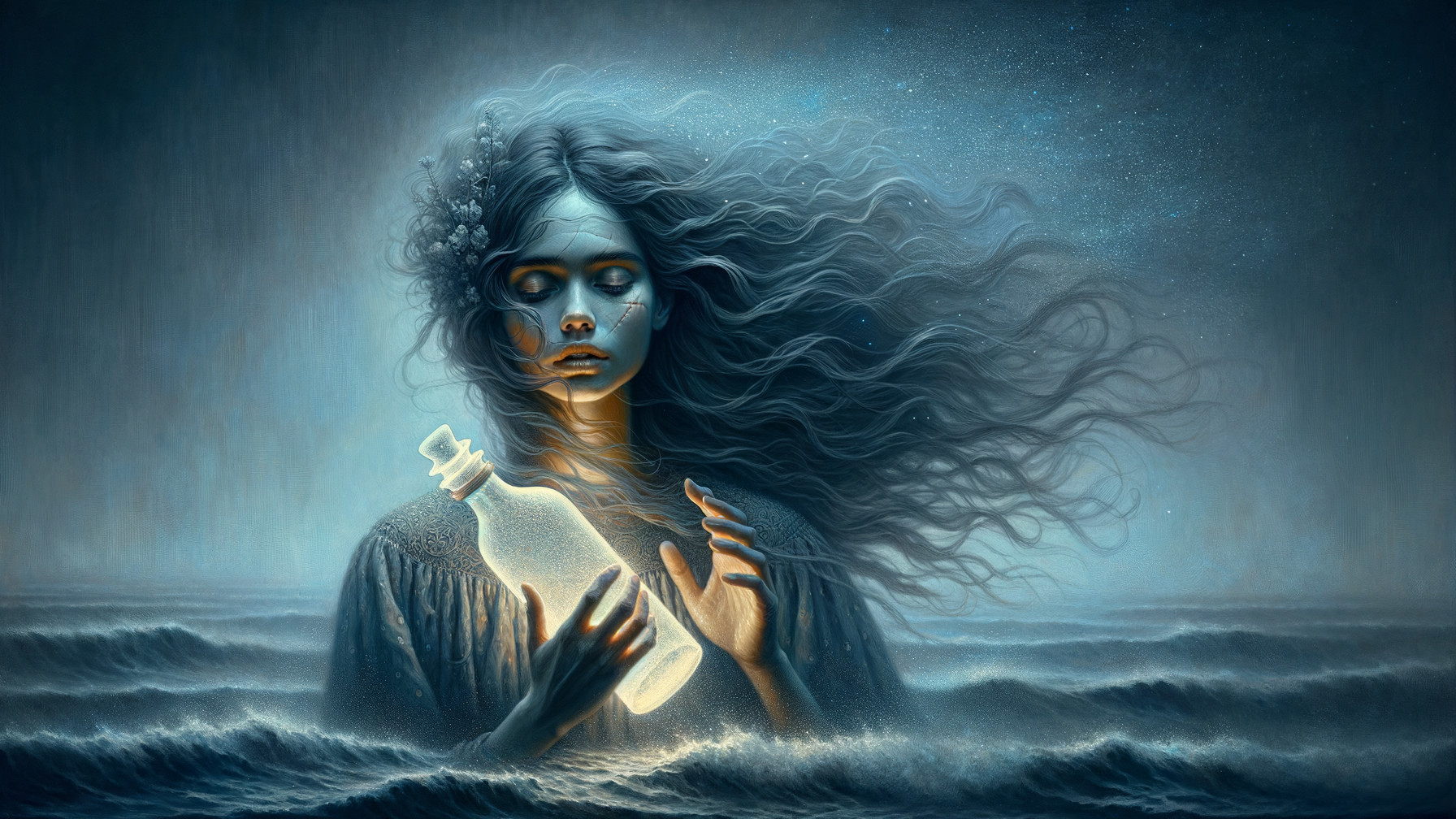 Ethereal Figure Amidst Turbulent Ocean Waves