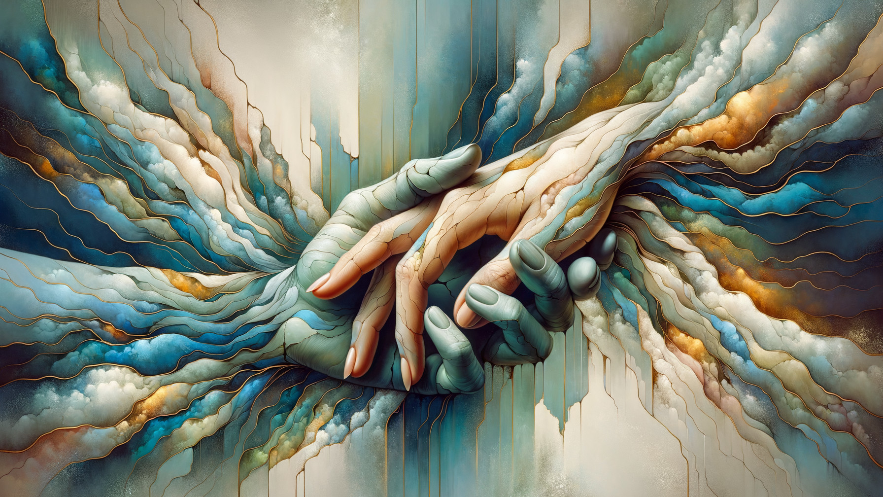 Metallic and Human Hands Reaching in Colorful Swirl