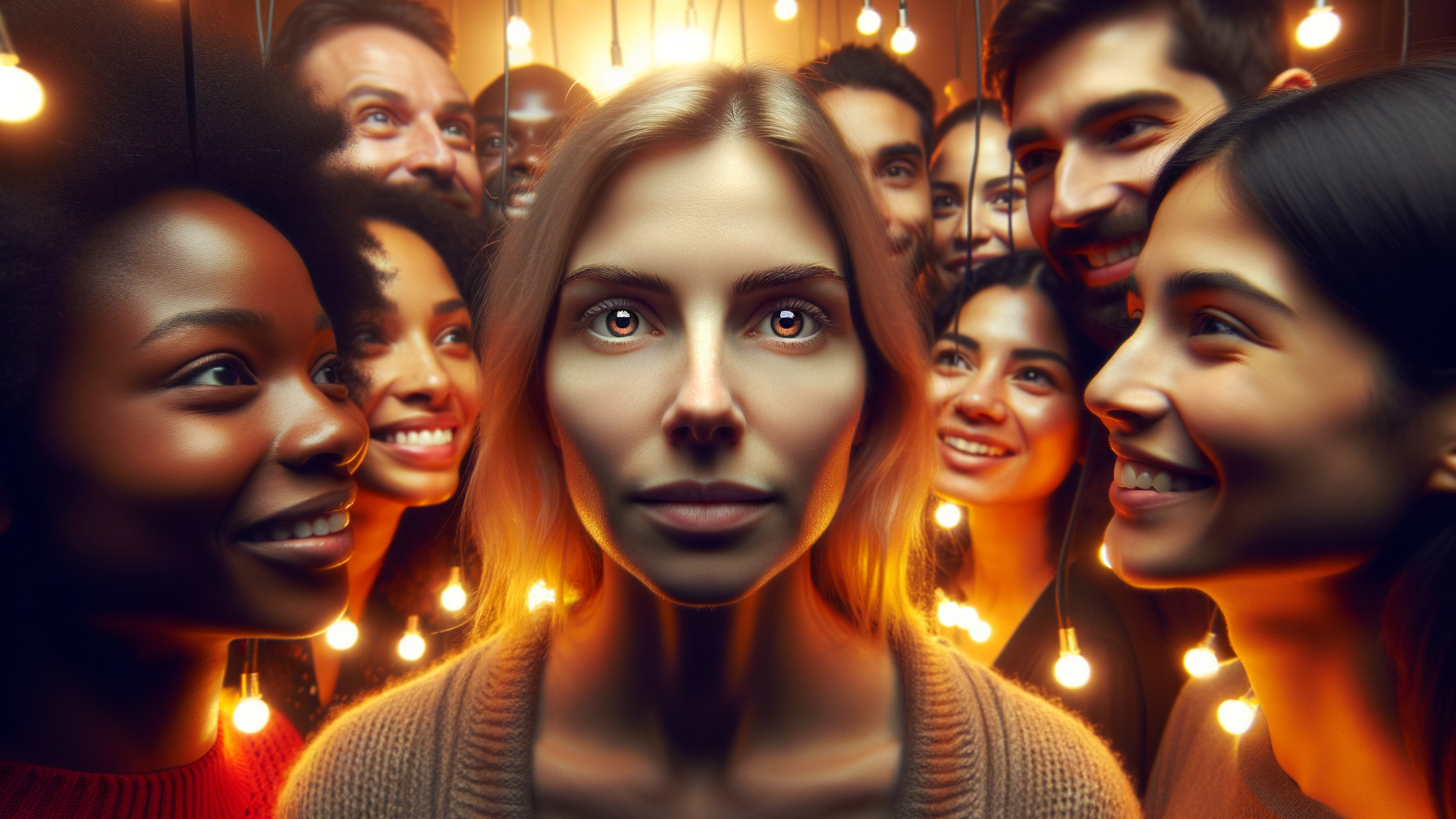Woman Among Diverse Group with Joyful Expressions
