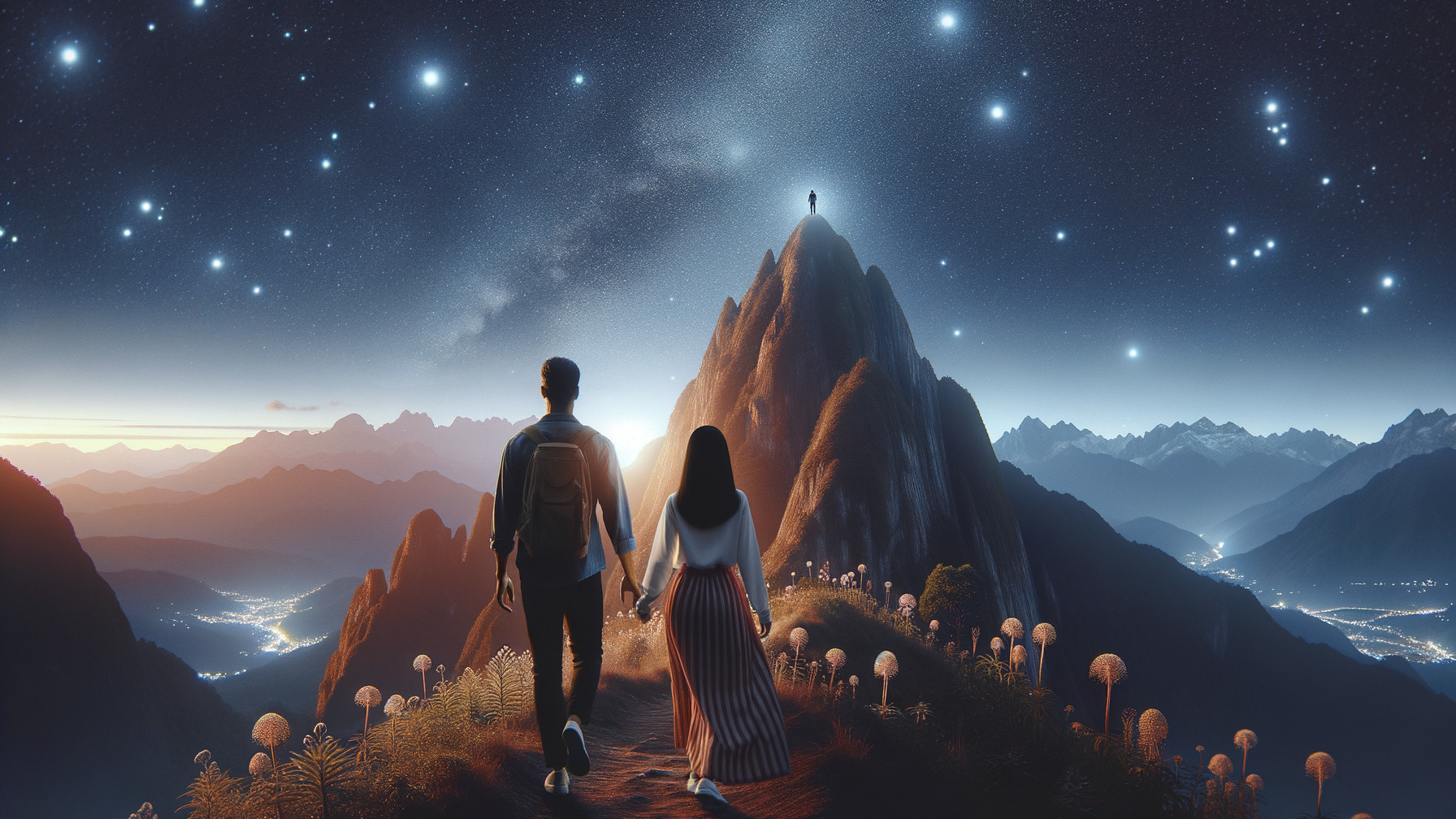 Couple Walking on Path to Mountain Under Starry Sky