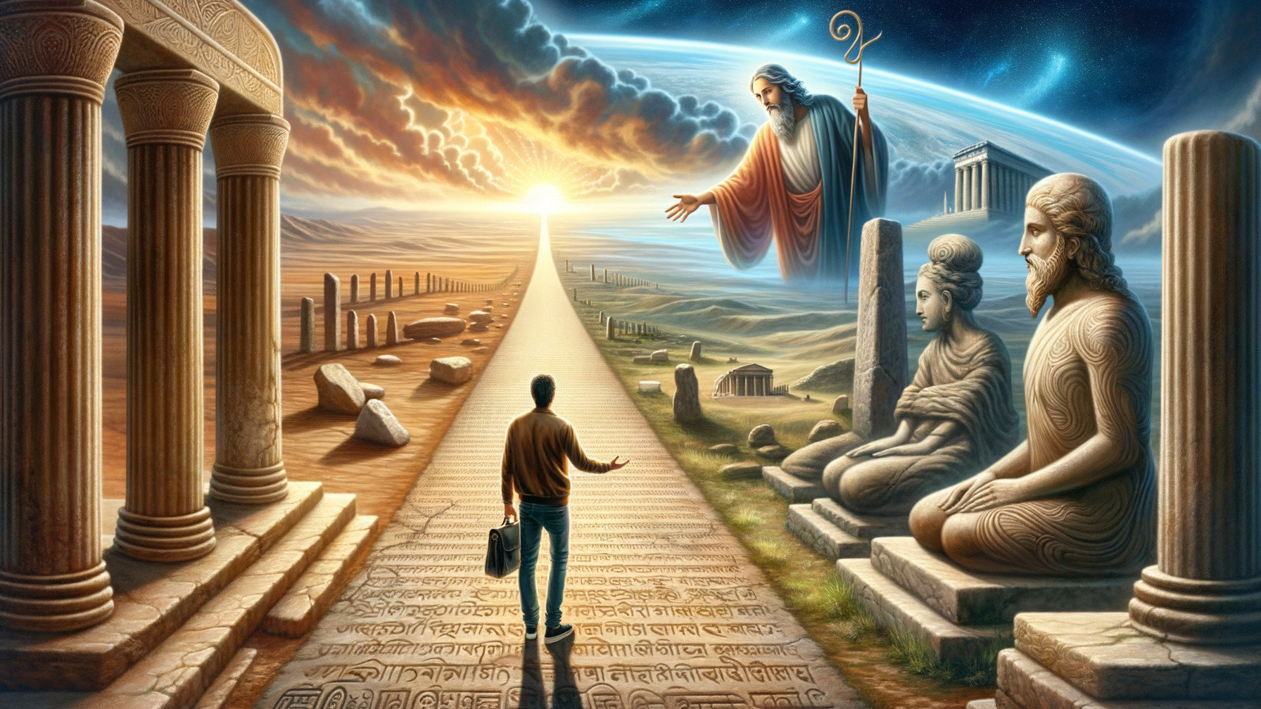 Winding Stone Path with Greek Columns and Divine Figure