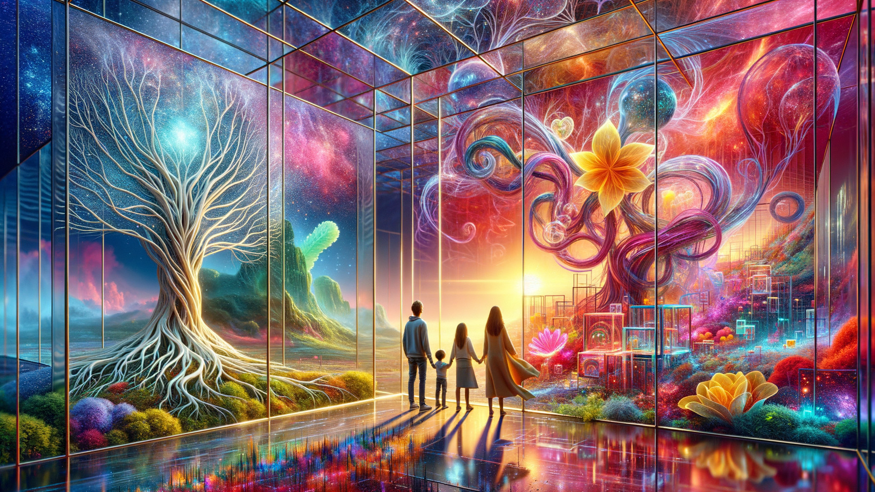 Surreal Family in Vibrant Dreamlike Landscape
