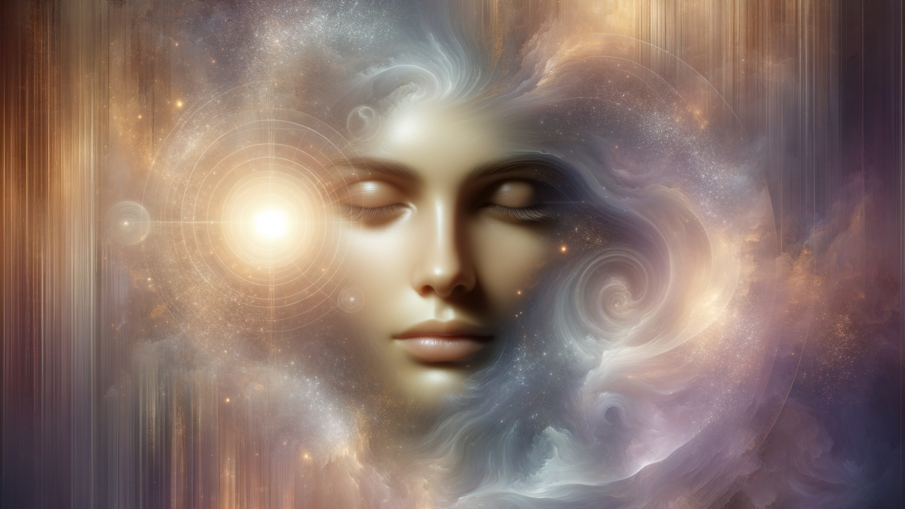 Woman Floating in Space with Colorful Light Clouds