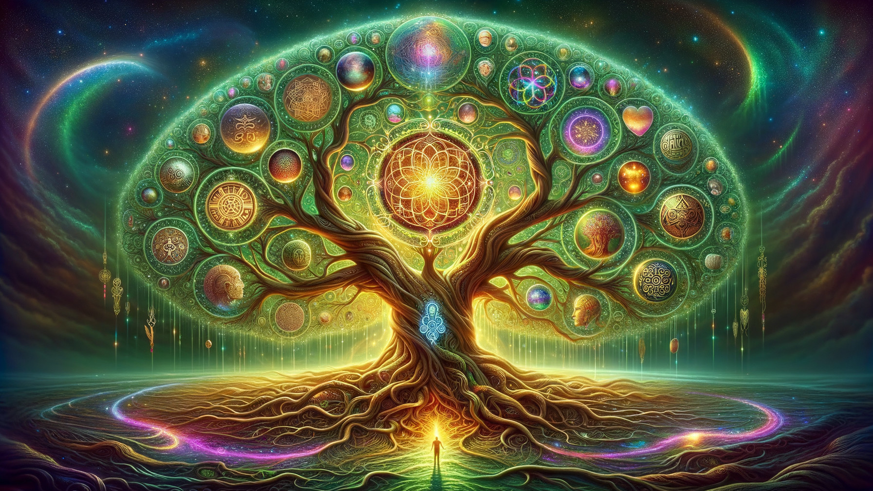 Vibrant mystical tree with glowing orbs and symbols