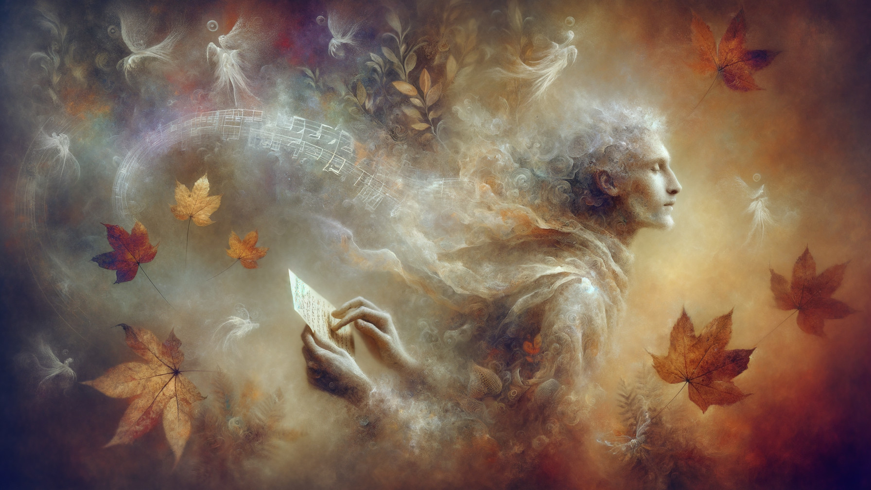 Ethereal Figure Surrounded by Colors and Music Notes