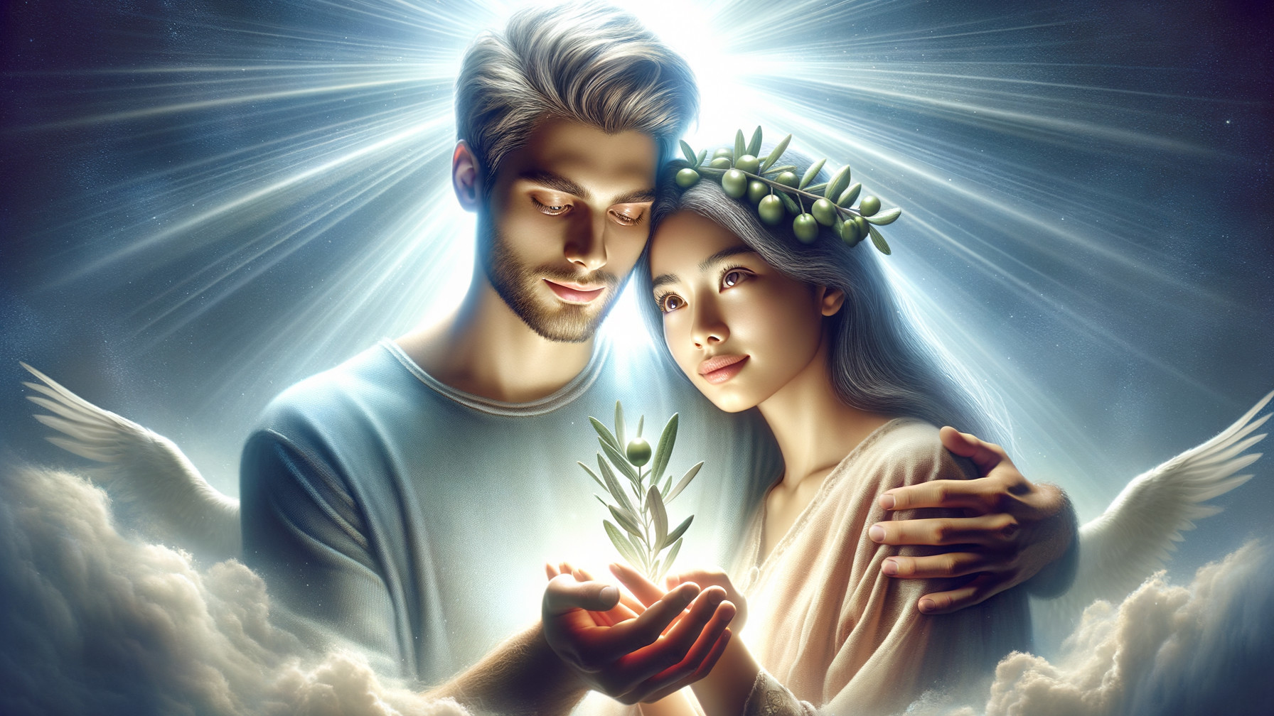 Angels with Olive Branches in Ethereal Cloud Scene