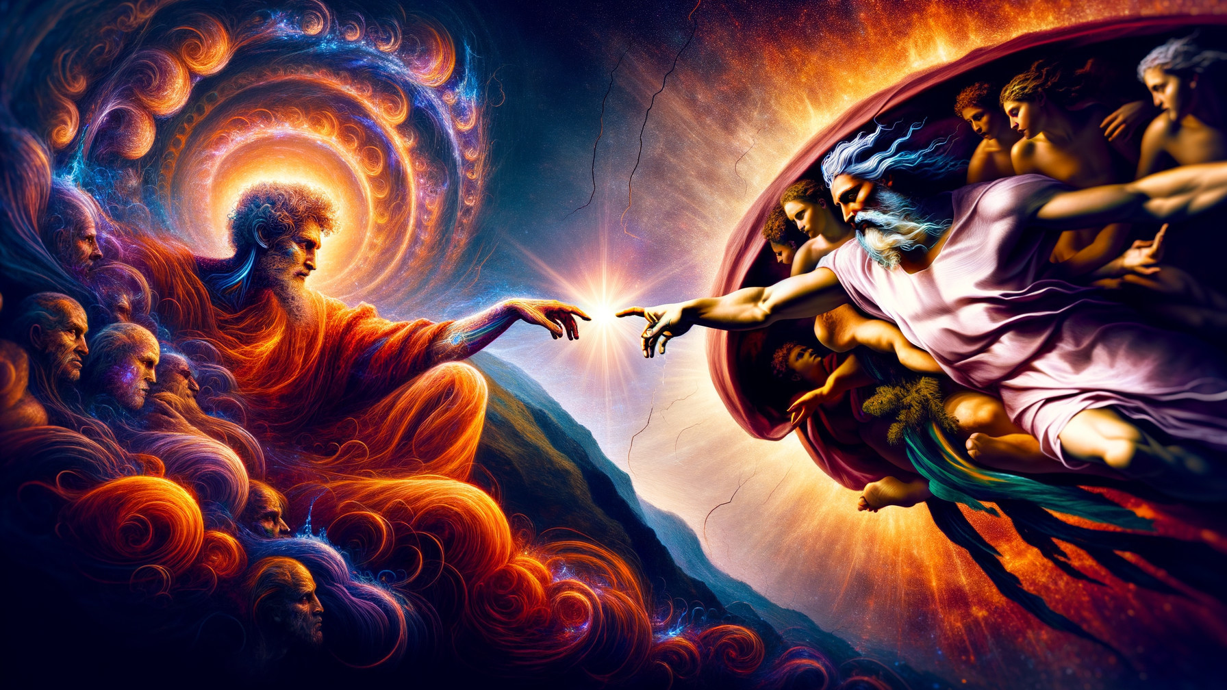 Dramatic Cosmic Scene with Vibrant Colors and Figures