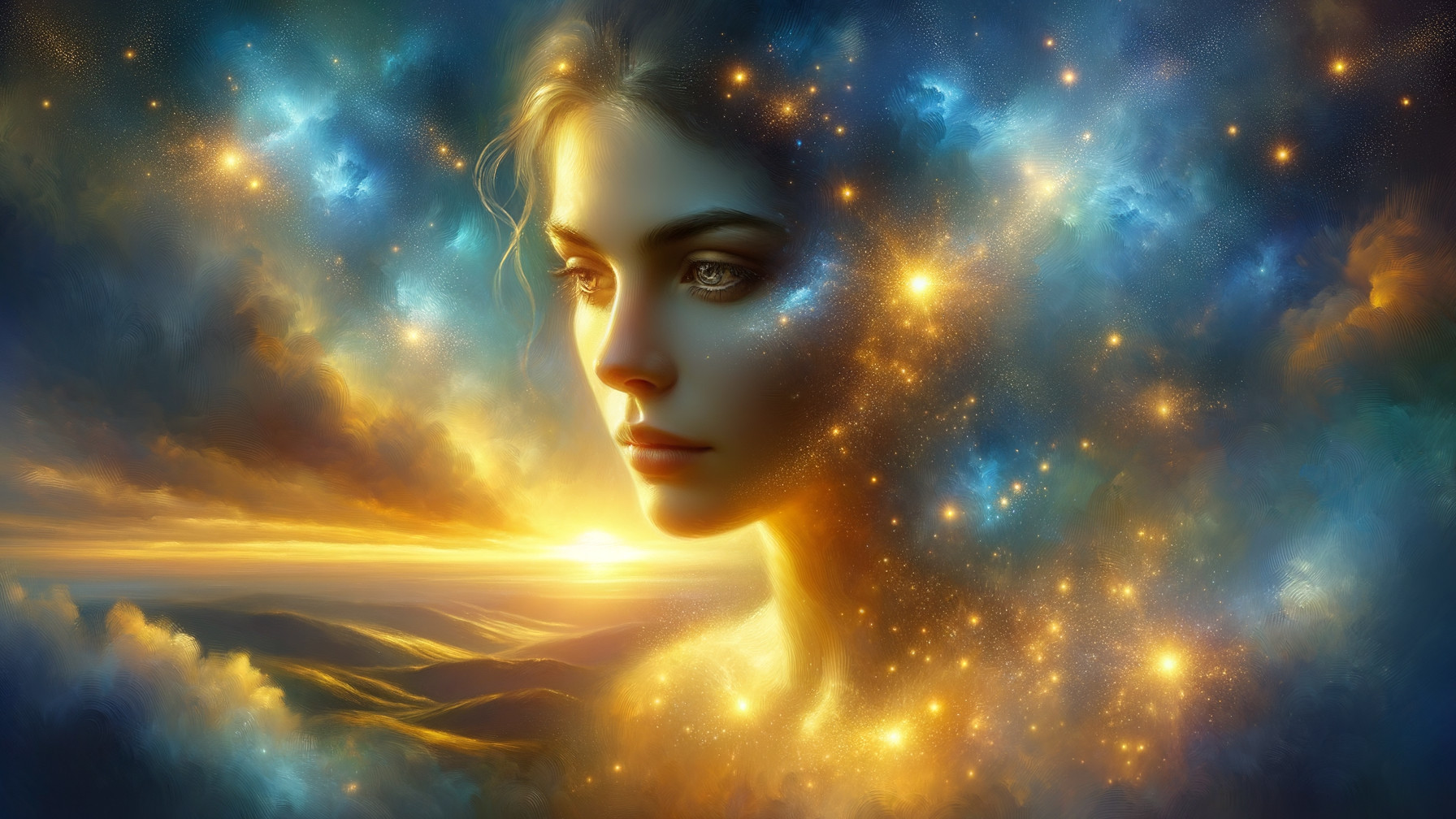 Celestial Portrait of a Woman Among Galaxies and Stars