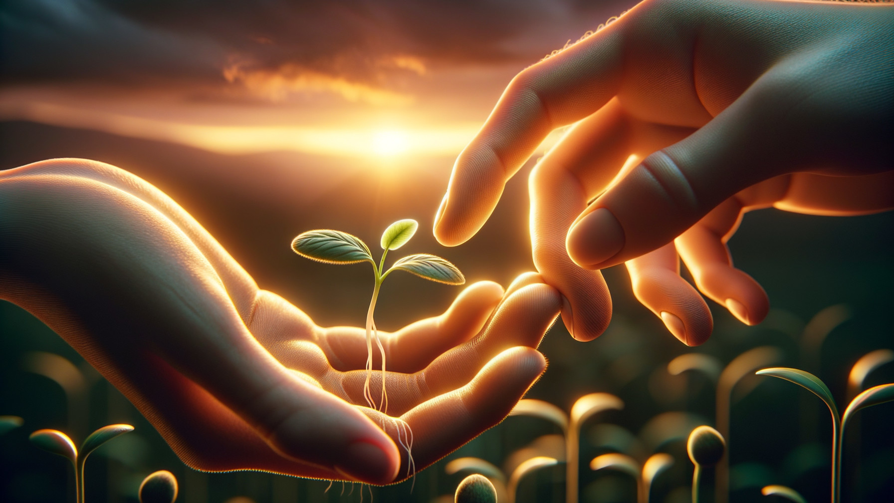 Hands Nurturing a Green Sprout at Sunset