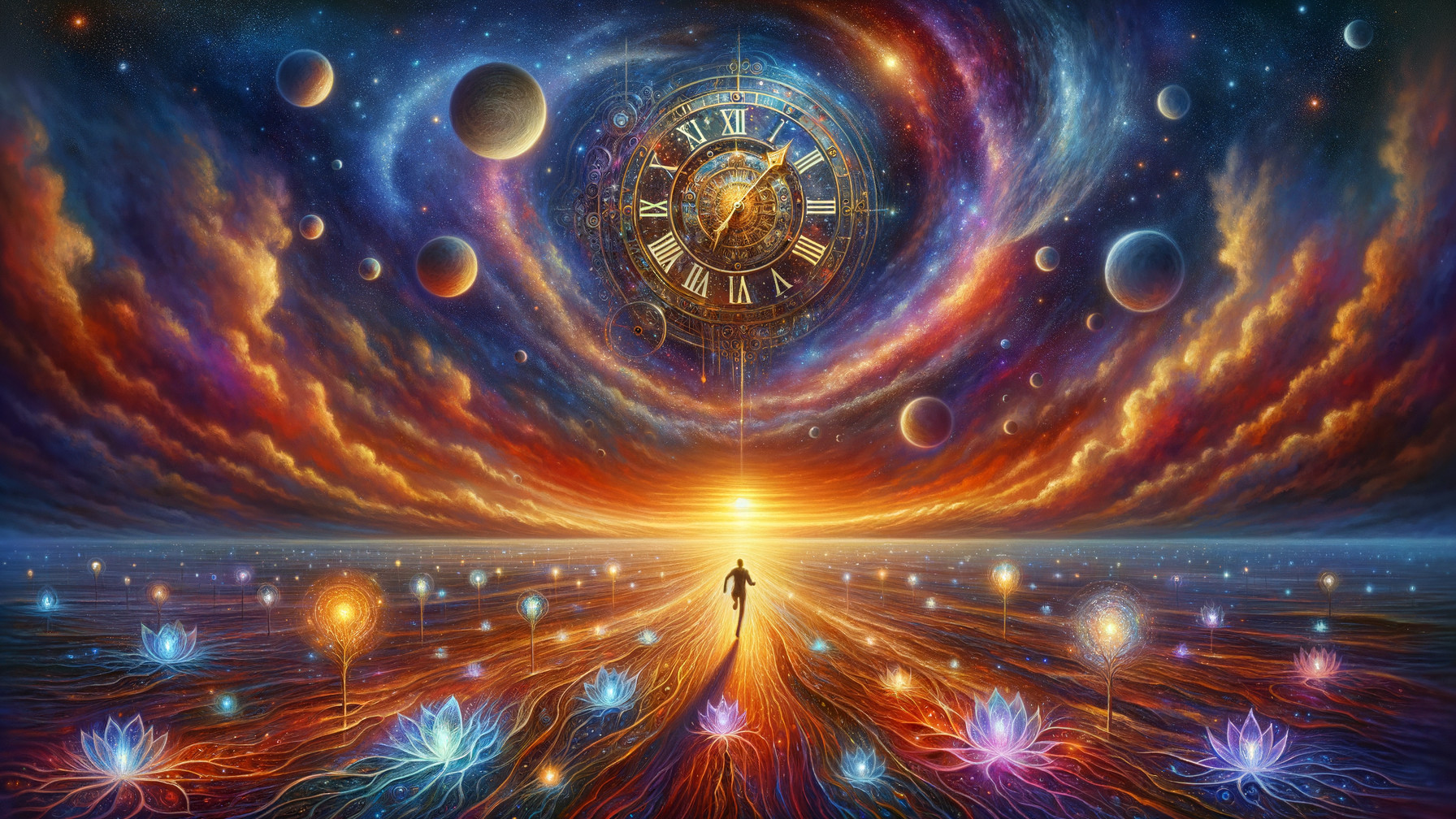 Cosmic Scene with Planets, Clock, and Vibrant Sunset