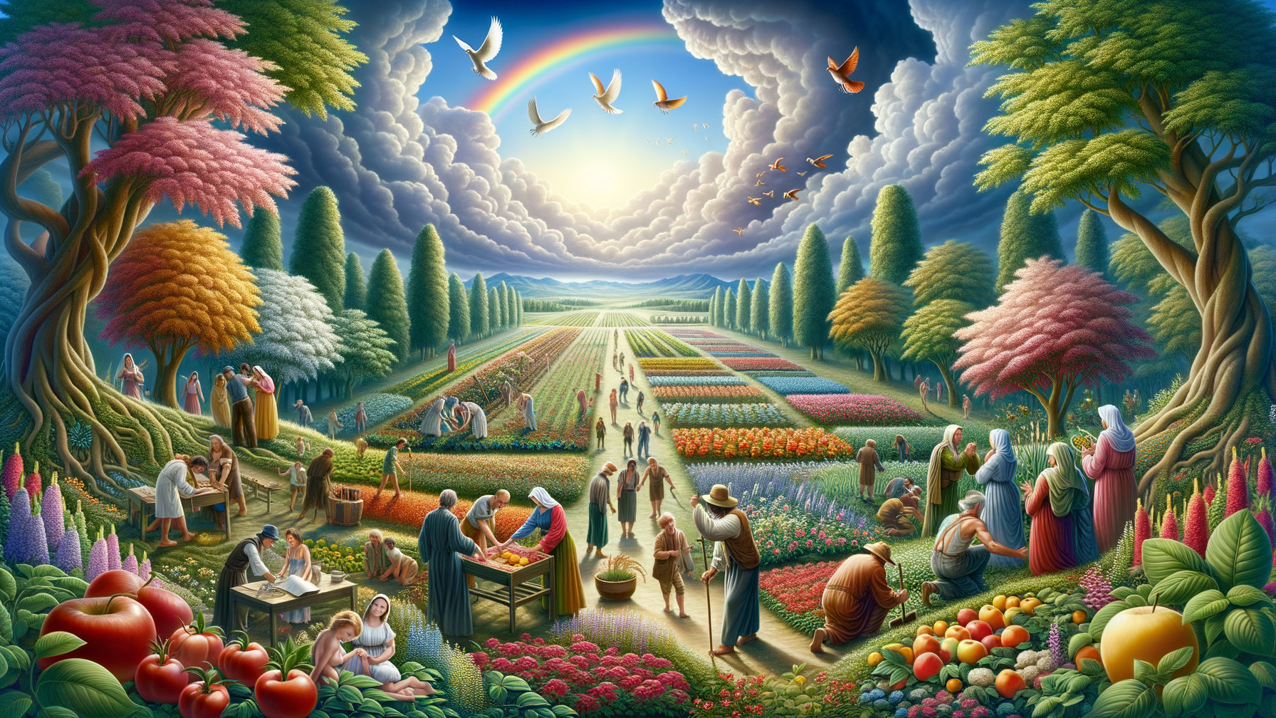 Vibrant Market Scene in Idyllic Landscape with Rainbow