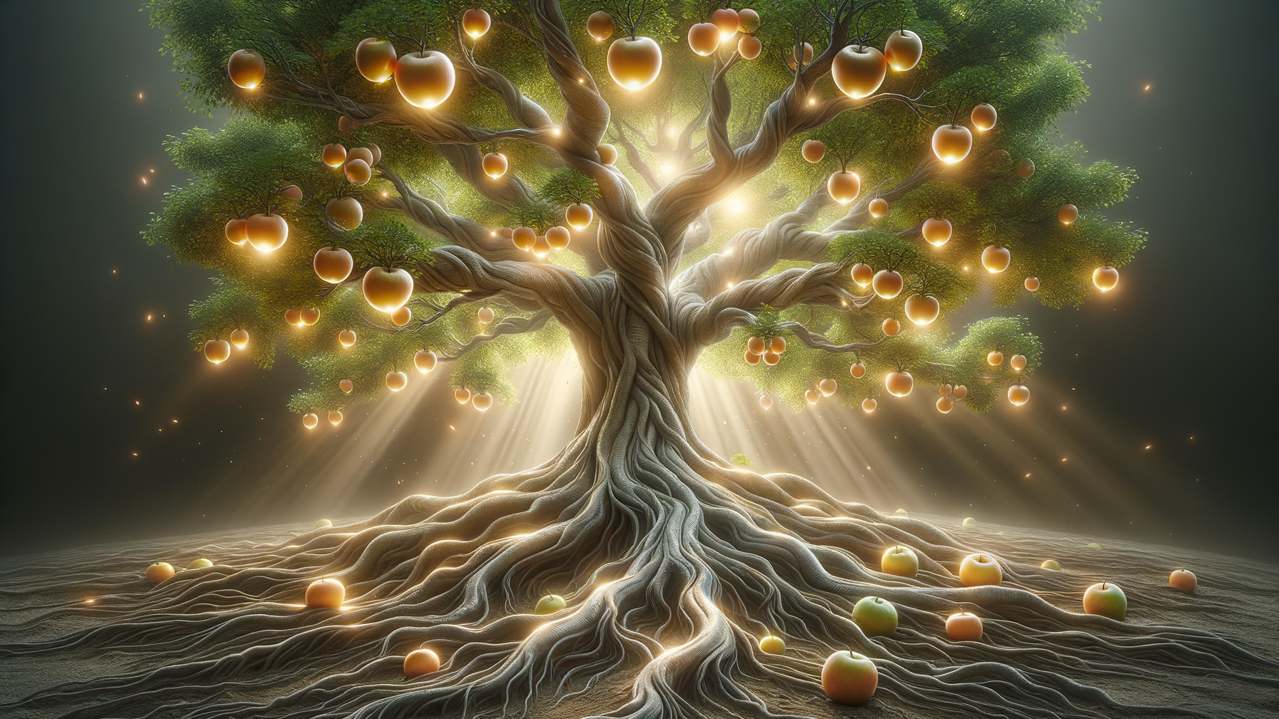 Majestic tree with glowing apples and intricate roots