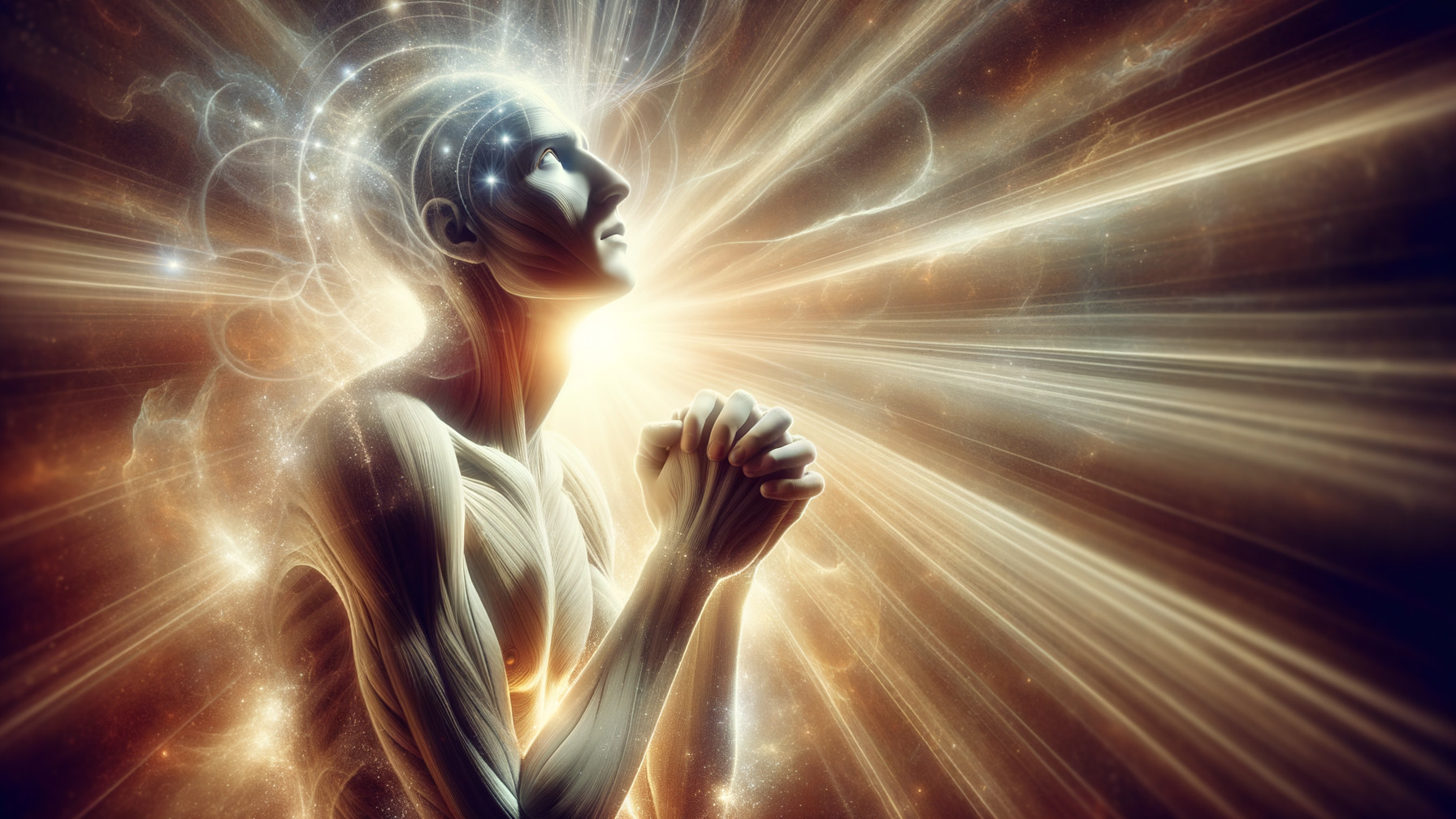 Ethereal Figure in Prayer Surrounded by Galaxies