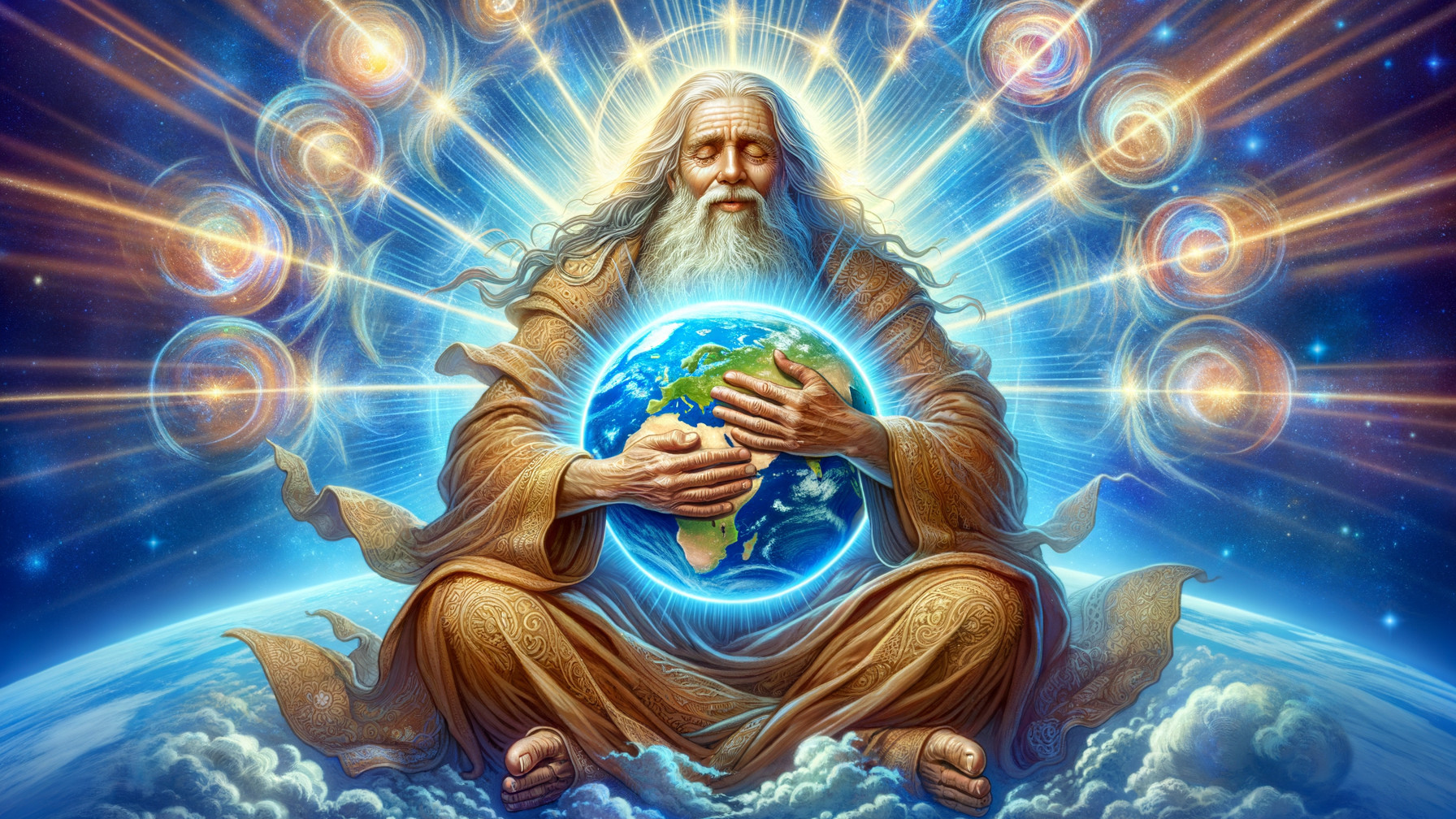 Celestial Figure Embracing Earth in Cosmic Setting