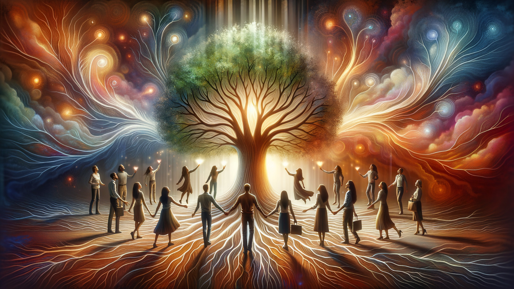 Majestic Tree Surrounded by Figures Holding Orbs