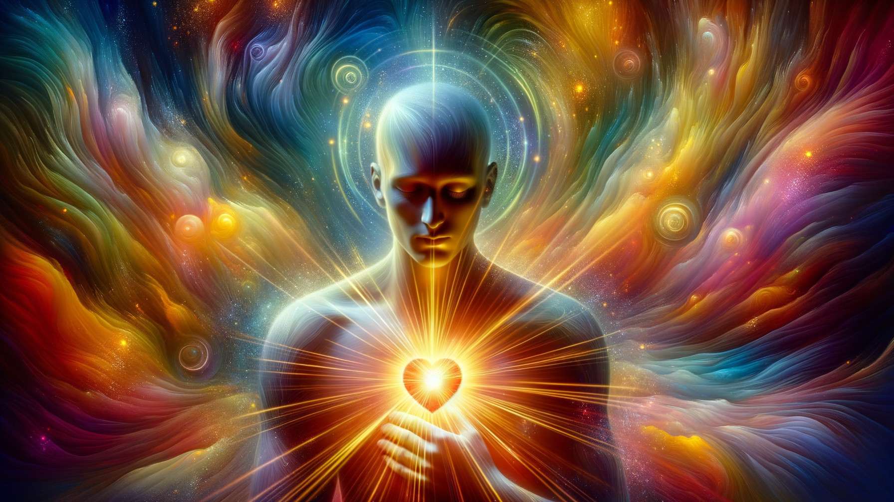 Humanoid Figure with Radiant Heart and Cosmic Colors
