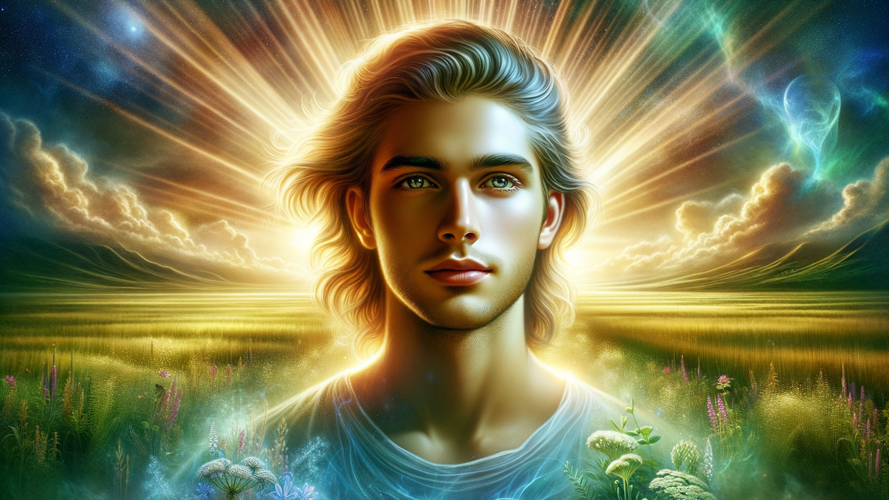 Young man in golden light surrounded by wildflowers