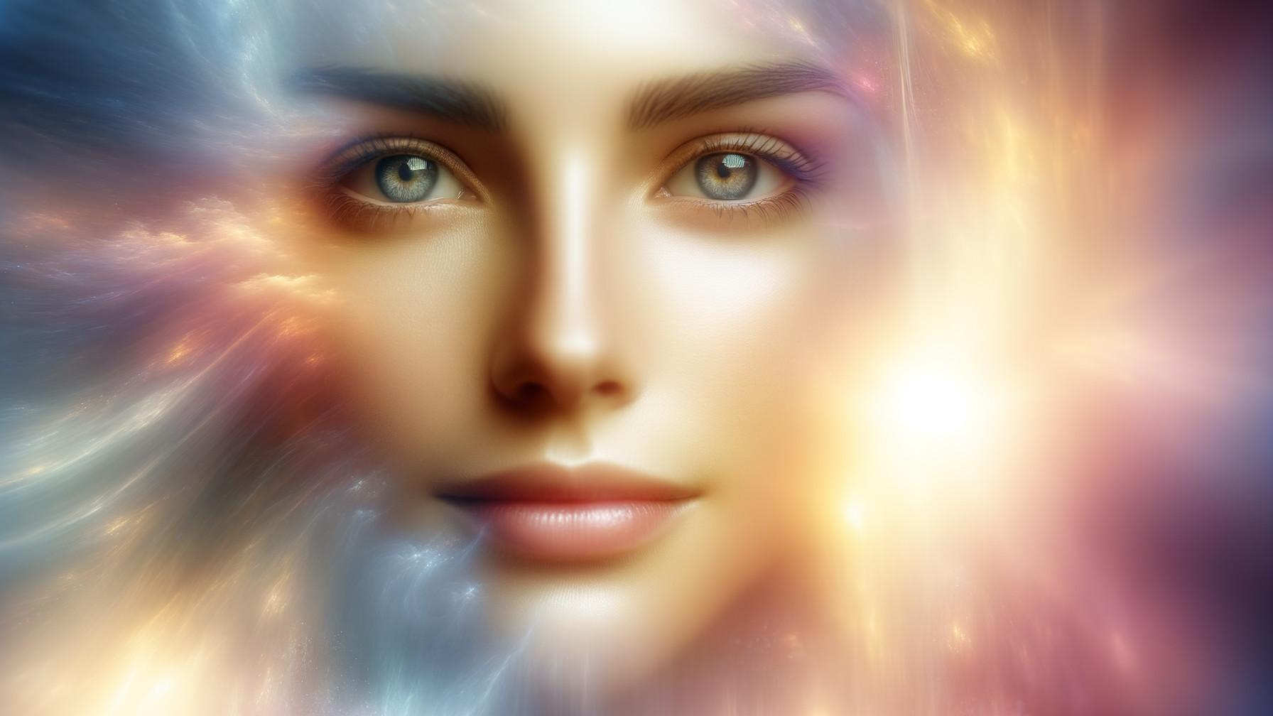 Close-up of an ethereal female face with vibrant colors