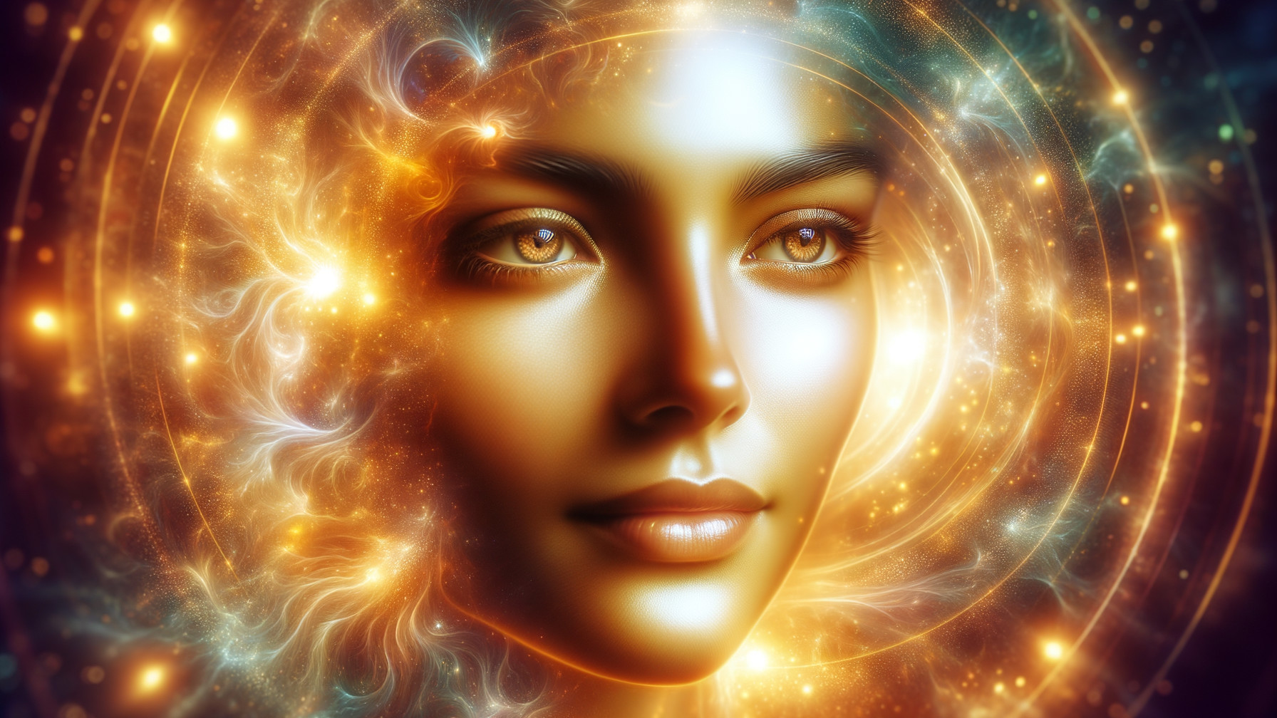 Radiant Golden Face with Cosmic Light Patterns
