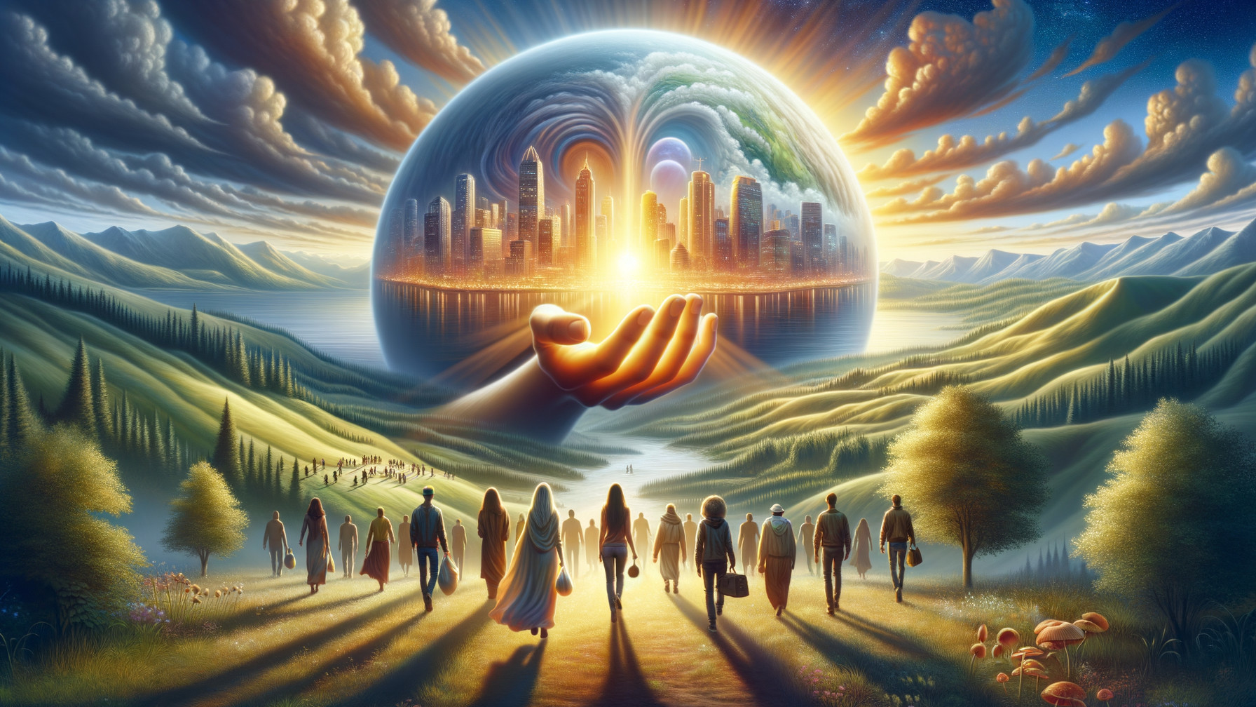 Futuristic City in Radiant Sphere Over Vibrant Landscape