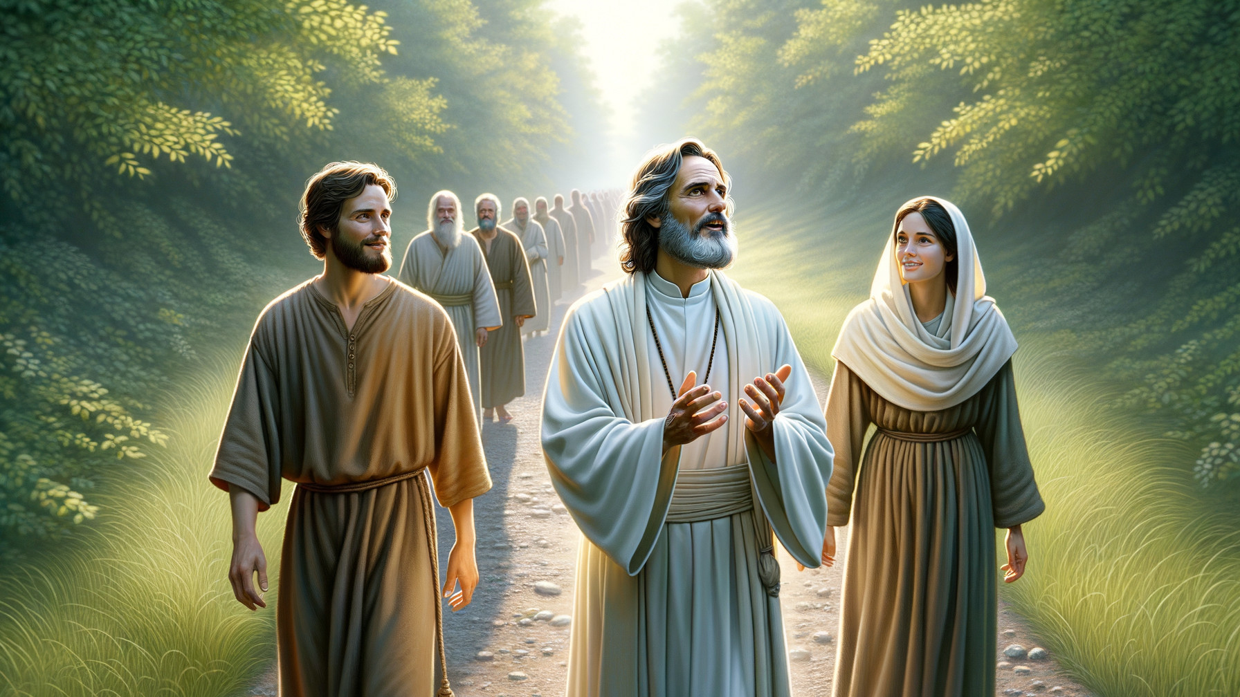 Group Walking on Sunlit Path in Lush Forest